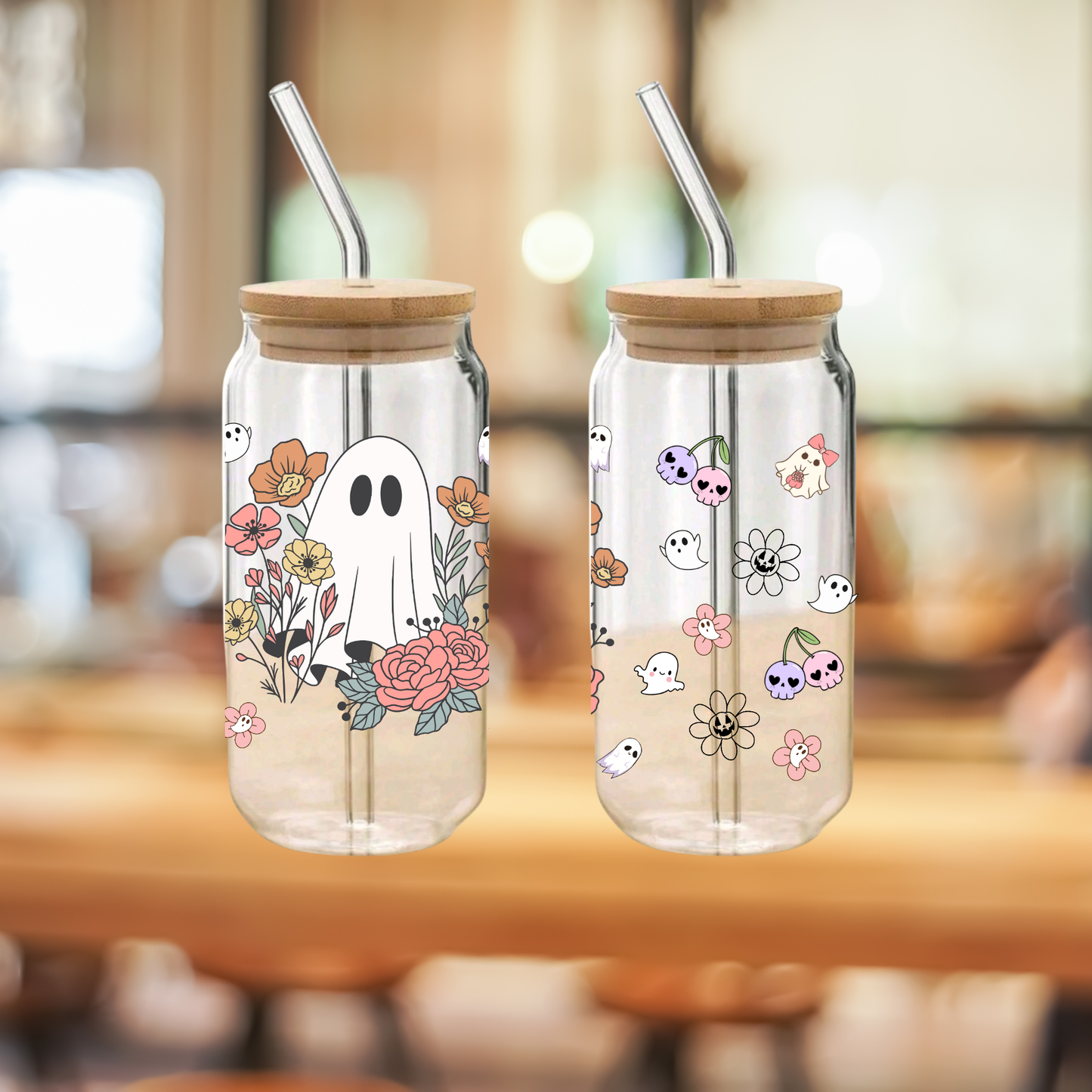 Ghost & Fall Flower Themed Glass Cup โ 16oz/20oz โ Perfect for Seasonal Drinks