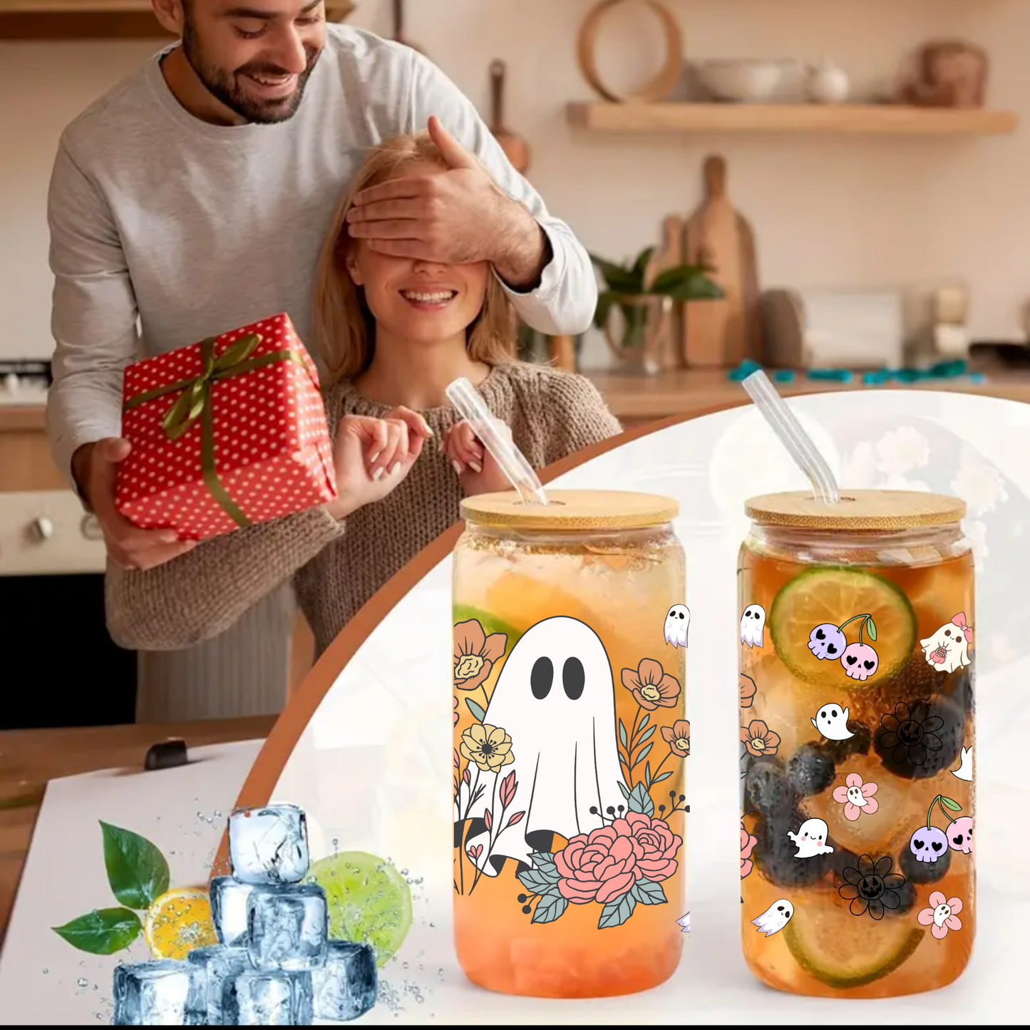 Ghost & Fall Flower Themed Glass Cup โ 16oz/20oz โ Perfect for Seasonal Drinks