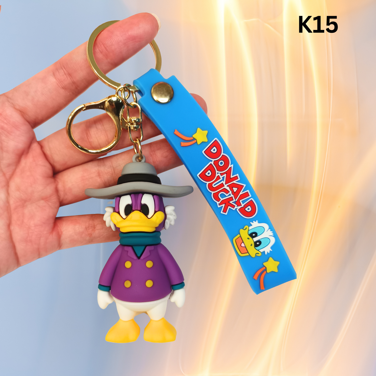 Cute Purple Duck Figure Keychain Grey Hat Blue Wrist Strap Silicone Key Ring