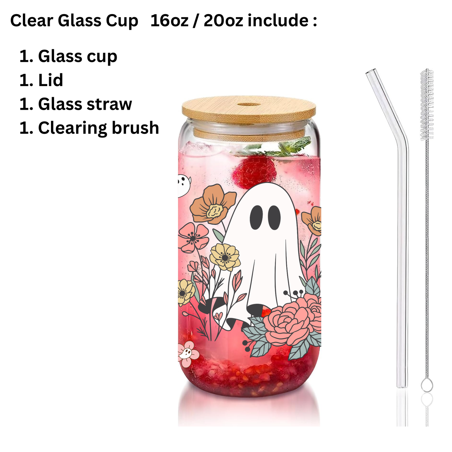 Ghost & Fall Flower Themed Glass Cup โ 16oz/20oz โ Perfect for Seasonal Drinks