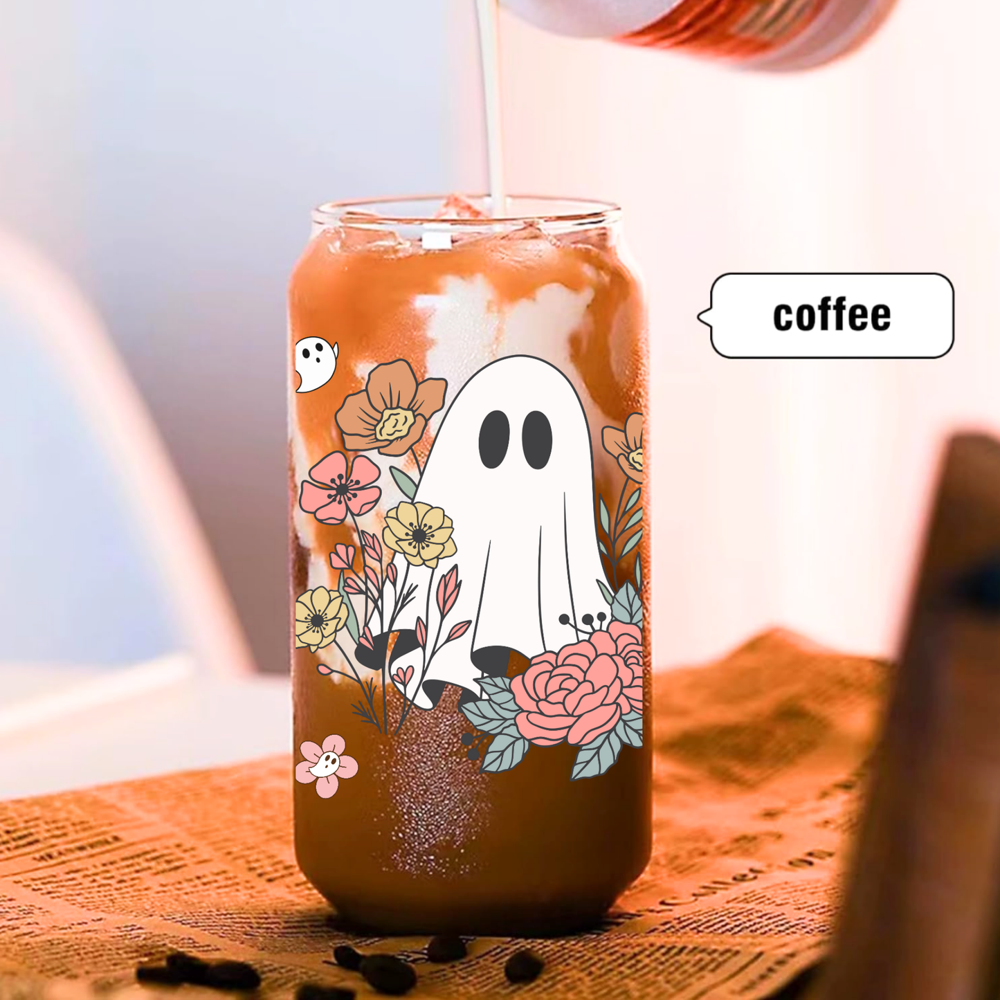 Ghost & Fall Flower Themed Glass Cup โ 16oz/20oz โ Perfect for Seasonal Drinks