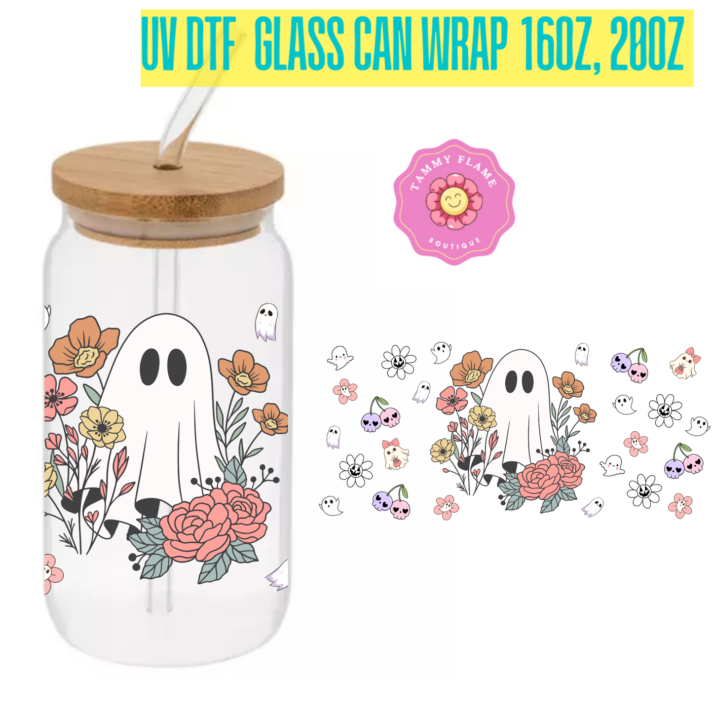 Ghost & Fall Flower Themed Glass Cup โ 16oz/20oz โ Perfect for Seasonal Drinks