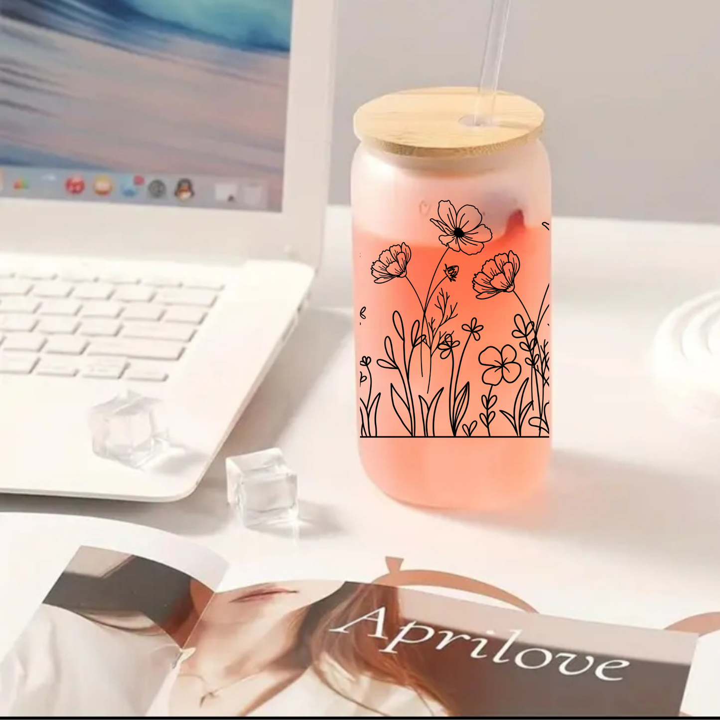 Black Floral Garden Frosted Glass Cup โ 16oz / 20oz โ With Bamboo Lid & Glass Straw