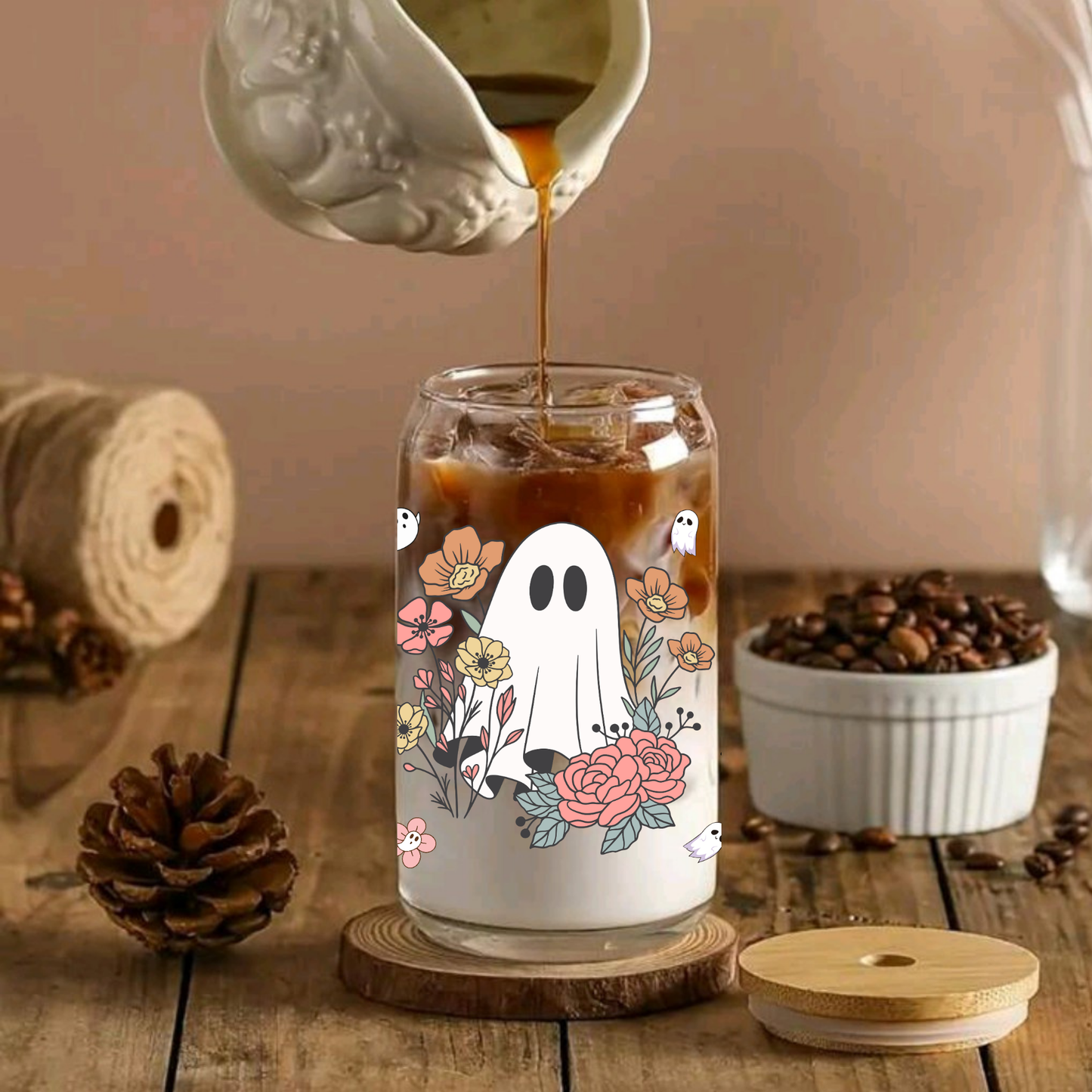 Ghost & Fall Flower Themed Glass Cup โ 16oz/20oz โ Perfect for Seasonal Drinks