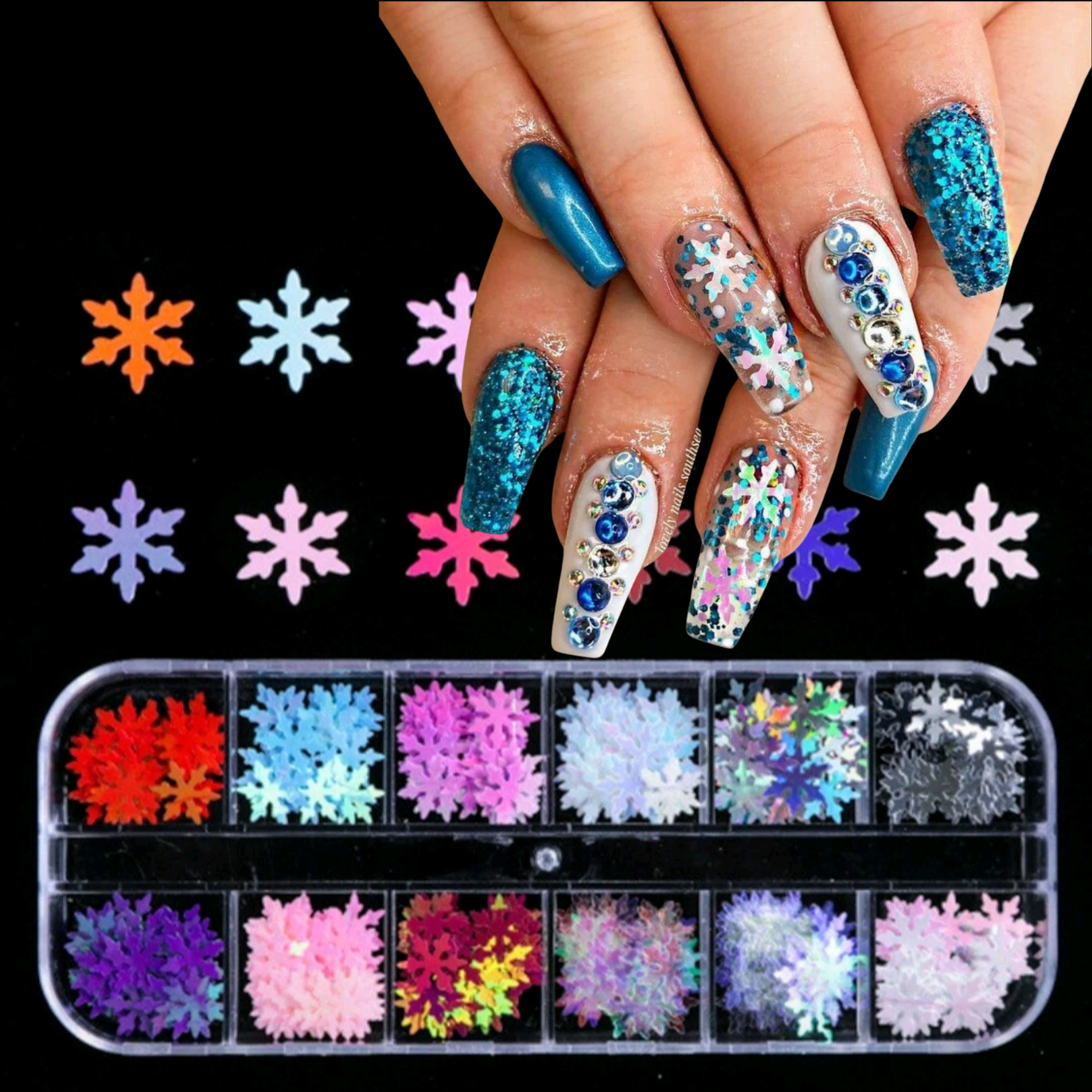 Set 12 Color 3D Christmas Snowflake Sequins Nail Art Sticker Glitter Metal Manicure