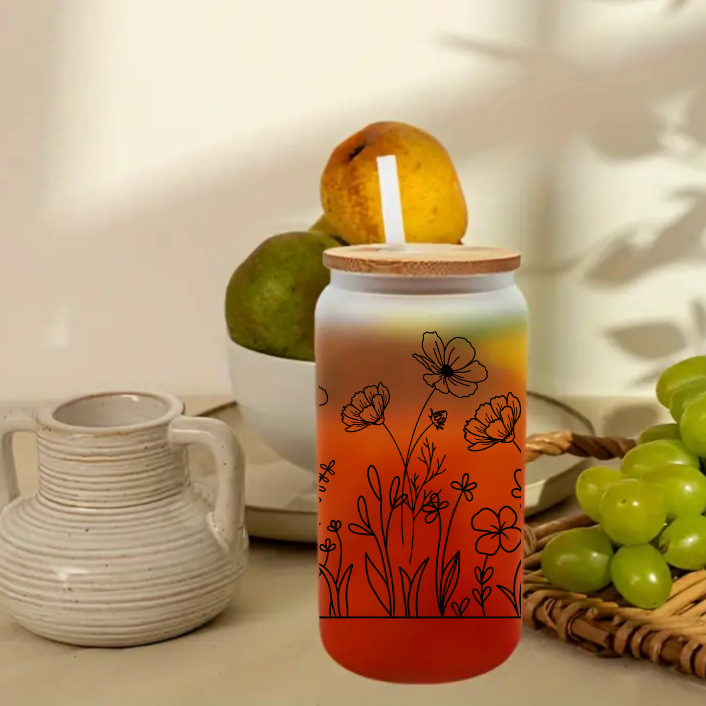 Black Floral Garden Frosted Glass Cup โ 16oz / 20oz โ With Bamboo Lid & Glass Straw