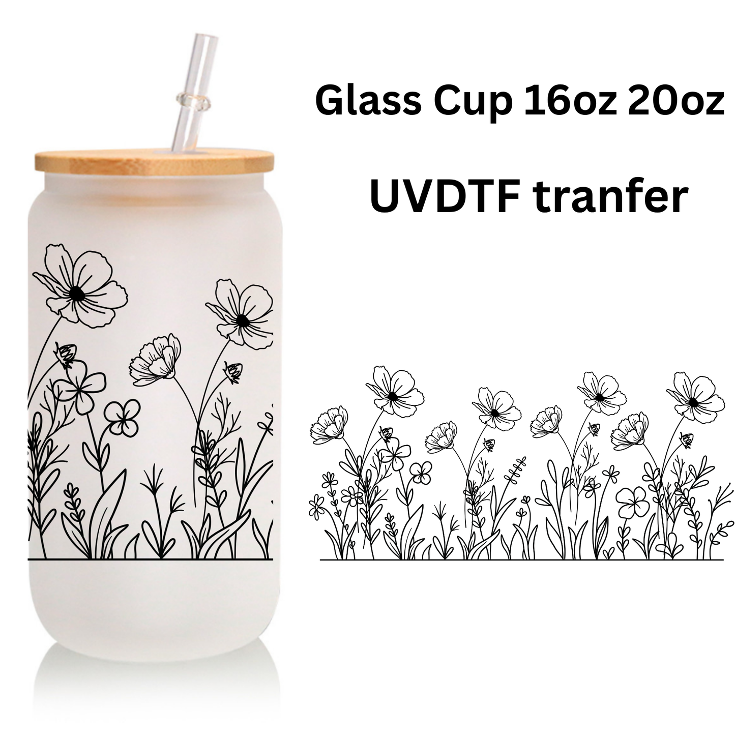 Black Floral Garden Frosted Glass Cup โ 16oz / 20oz โ With Bamboo Lid & Glass Straw