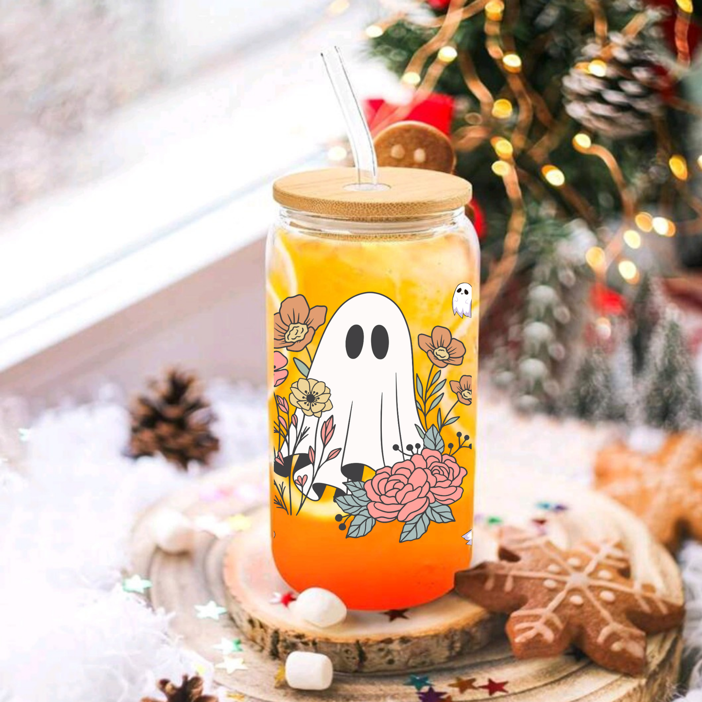 Ghost & Fall Flower Themed Glass Cup โ 16oz/20oz โ Perfect for Seasonal Drinks