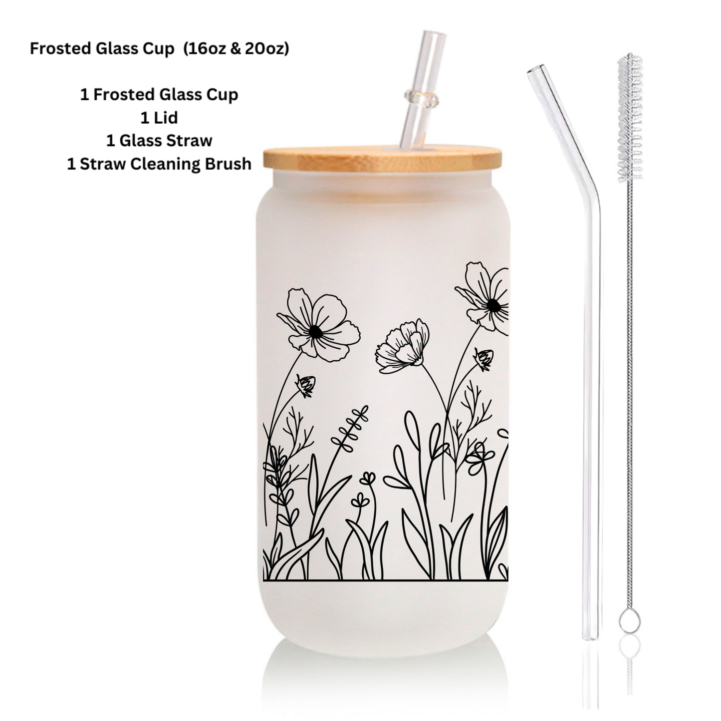 Black Floral Garden Frosted Glass Cup โ 16oz / 20oz โ With Bamboo Lid & Glass Straw