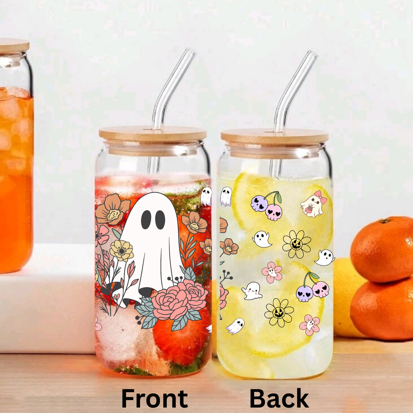 Ghost & Fall Flower Themed Glass Cup โ 16oz/20oz โ Perfect for Seasonal Drinks