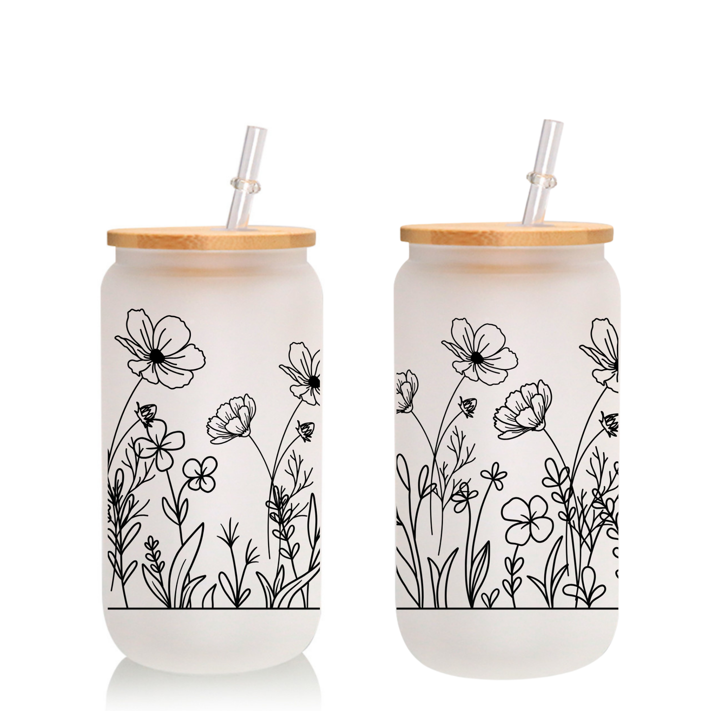 Black Floral Garden Frosted Glass Cup โ 16oz / 20oz โ With Bamboo Lid & Glass Straw