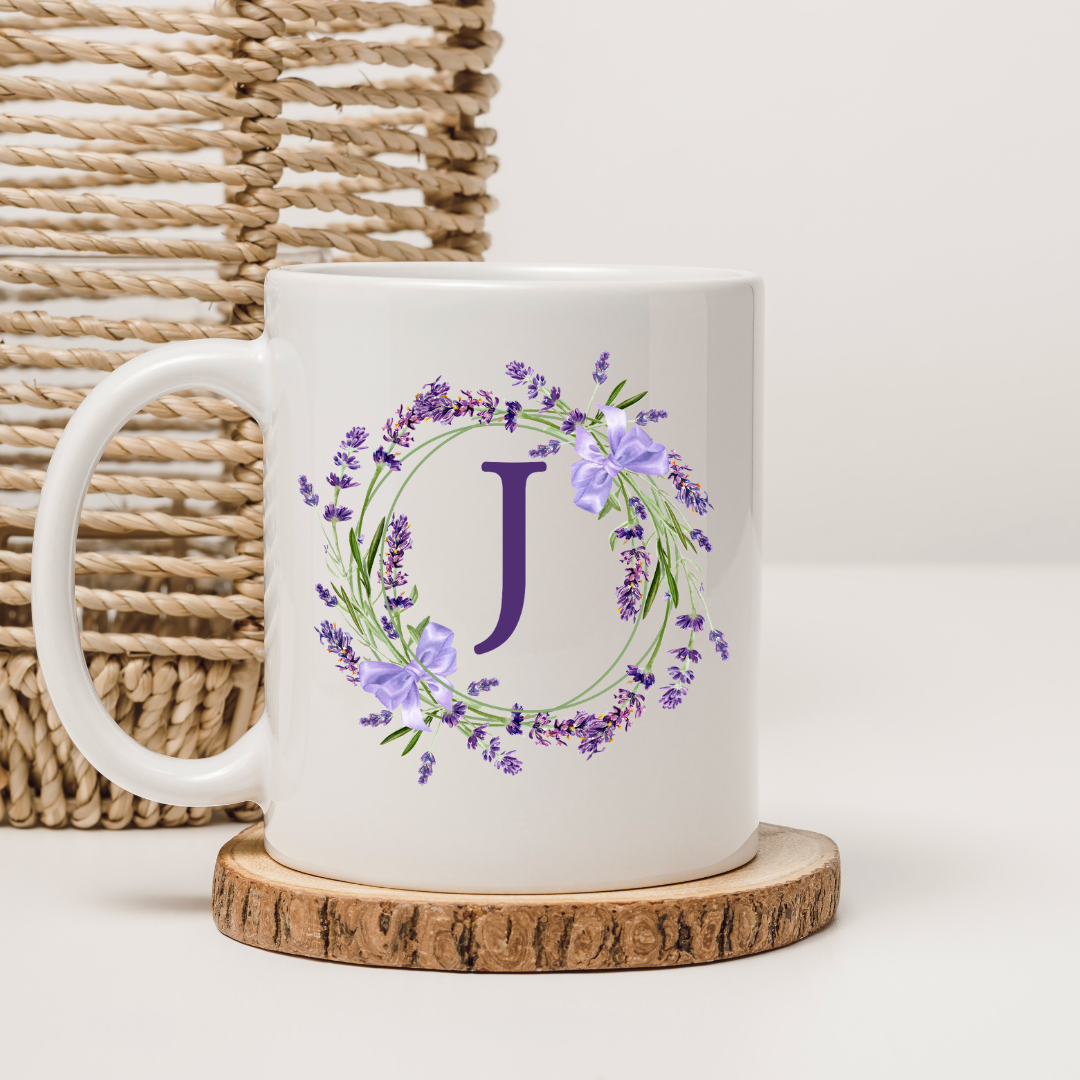 Floral Alphabet Letter A-Z Lavender Wreath Design,Personalized 12oz Ceramic Mug