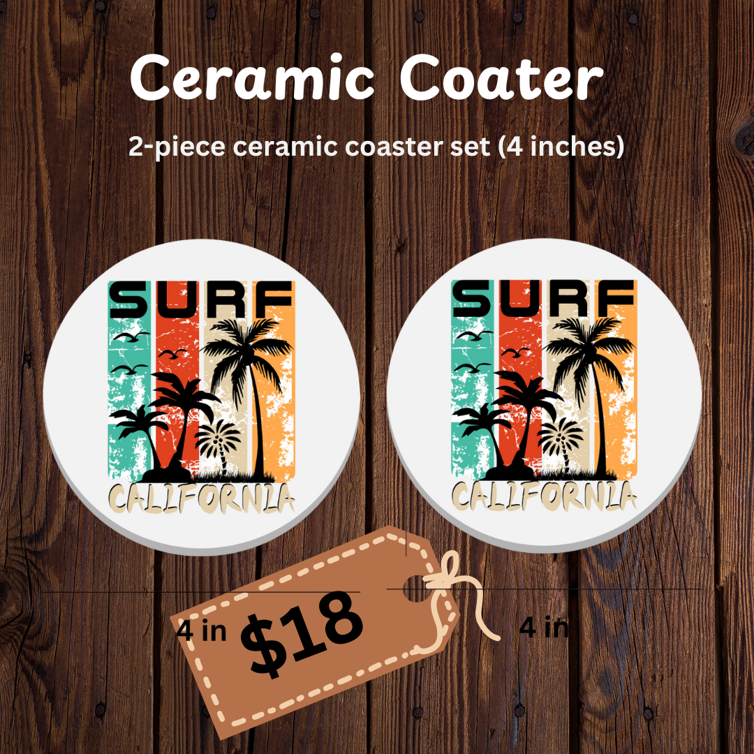 Ceramic Coaster Set - SURF California Design (4 Inches, Set of 2)