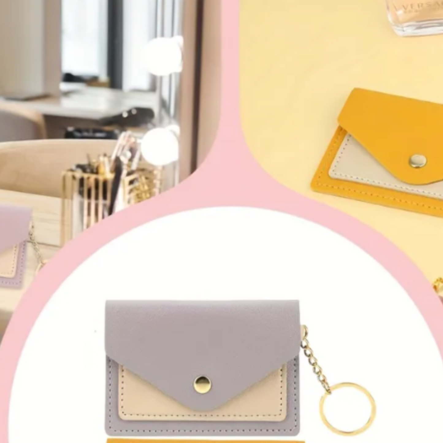 Vintage Card Holder Wallets with Keychain - Multi-Slot Stackable Organizer for Women