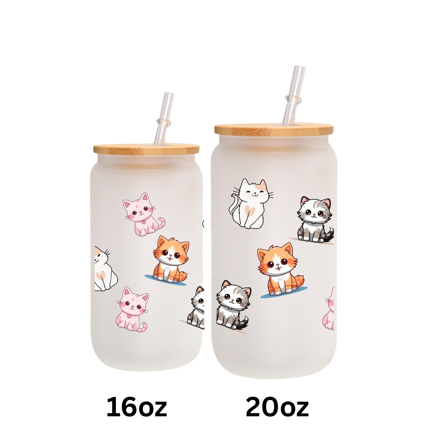 Cute Cats Frosted Glass Cup β 16oz / 20oz Animal Glass Tumbler for Coffee, Tea, Smoothie β Personalized Gift for Office, Party, or Birthday