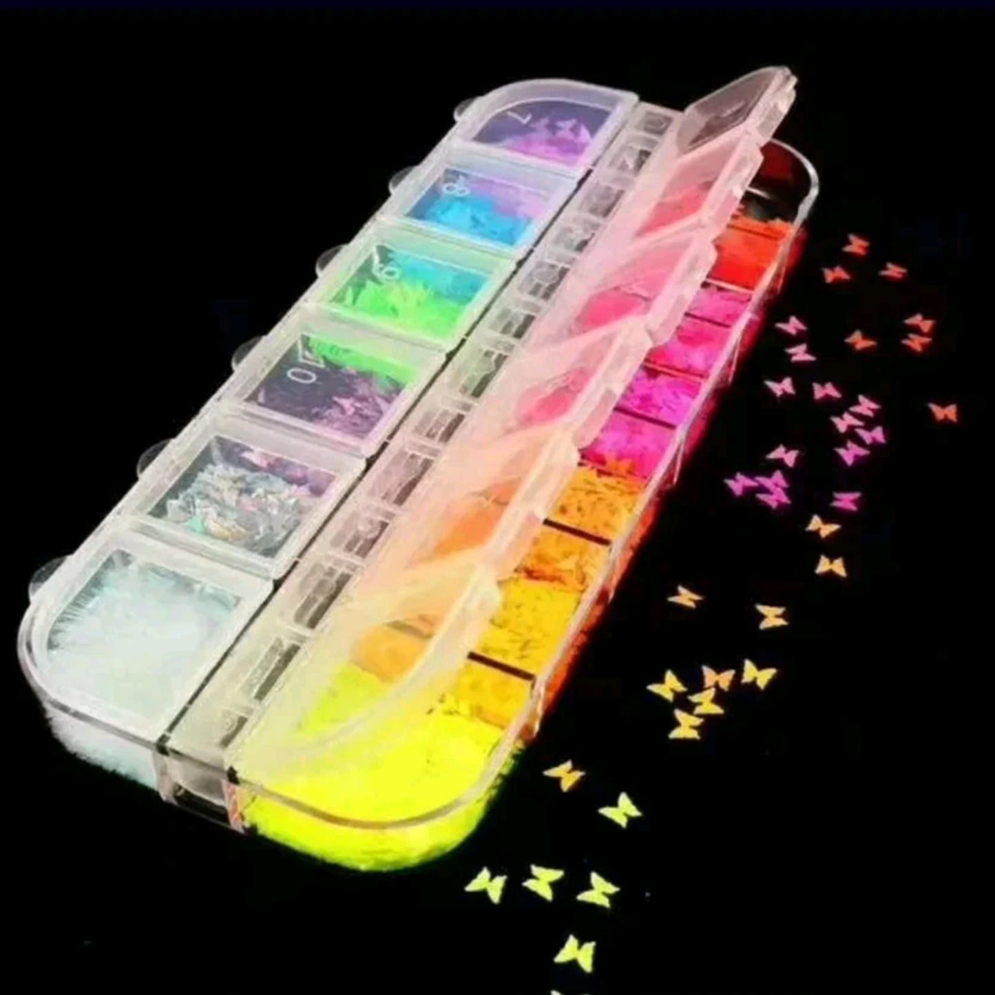 12 Grids Butterfly Nail Art Glitter ā Colorful Iridescent Flakes Nail Decoration Set