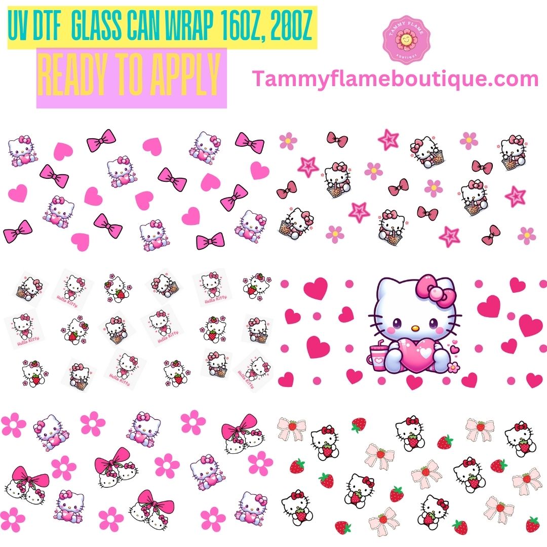 Cute UV DTF Glass Can Wrap Decal for 16oz 20oz – Ready to Apply – Strawberry, Cherry, Pink Bow & Kitty Designs