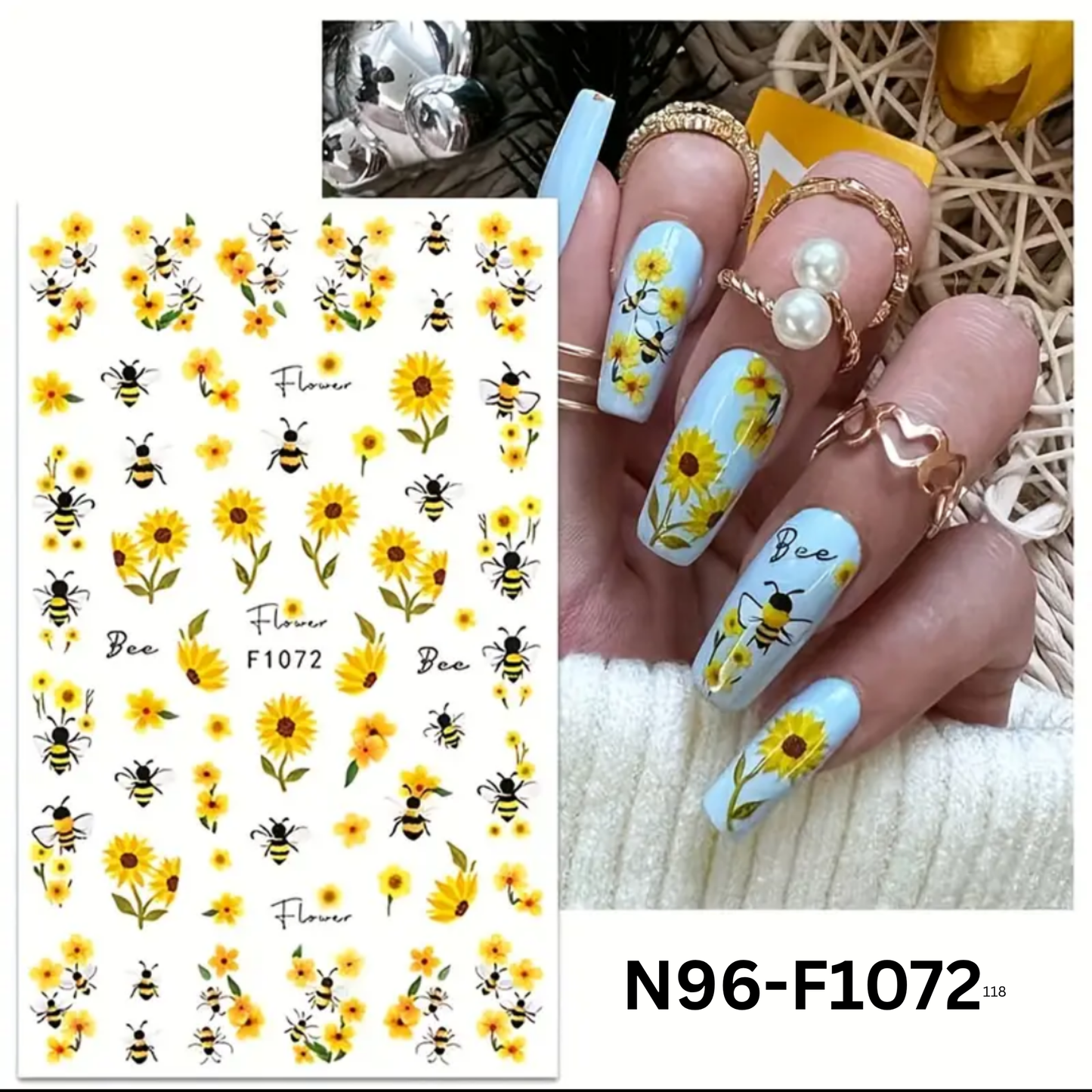 3D Nail Stickers Sunflower & Bee Design ā Self-Adhesive Nail Art Decoration
