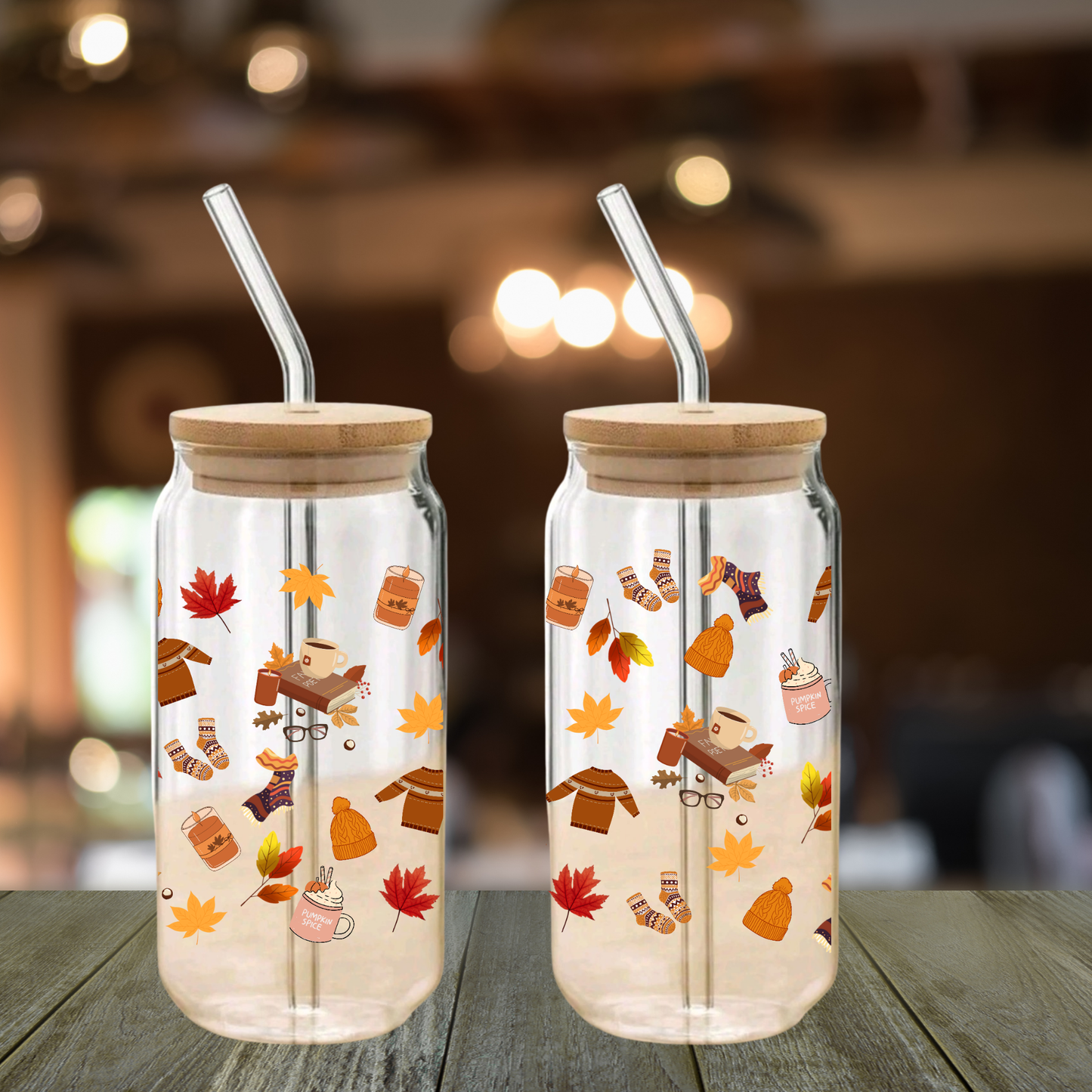 Fall Leaves Glass Cup 16oz/20oz – Clear Can Tumbler with Bamboo Lid, Straw & Brush