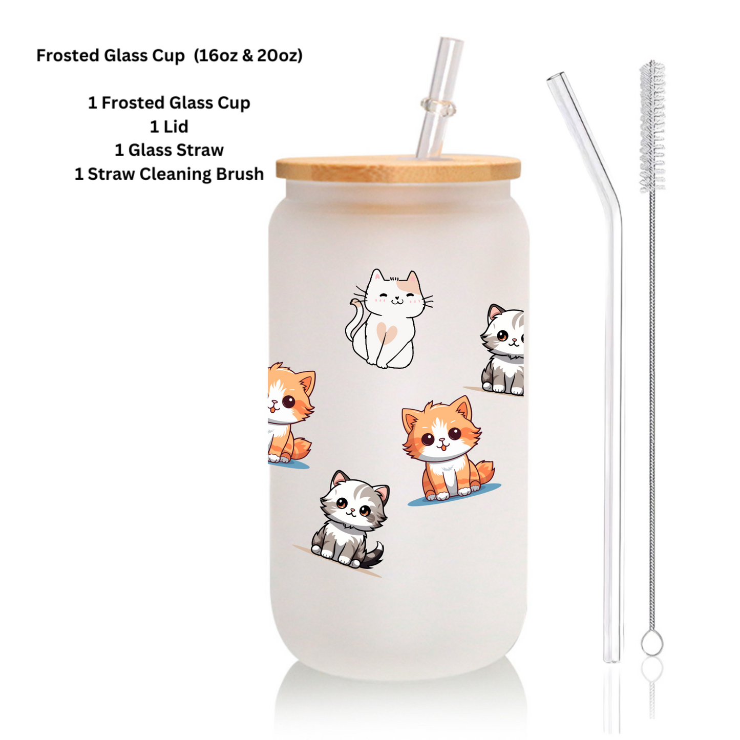 Cute Cats Frosted Glass Cup β 16oz / 20oz Animal Glass Tumbler for Coffee, Tea, Smoothie β Personalized Gift for Office, Party, or Birthday