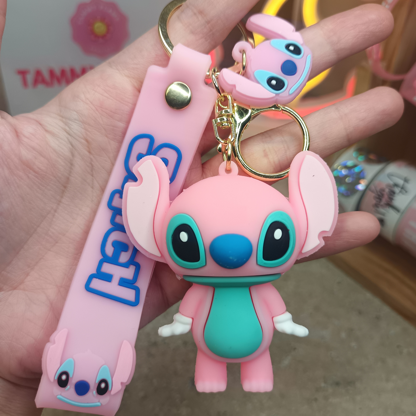 Adorable Pink Stitch Keychain with Strap – Cute Cartoon Bag Charm & Gift Idea