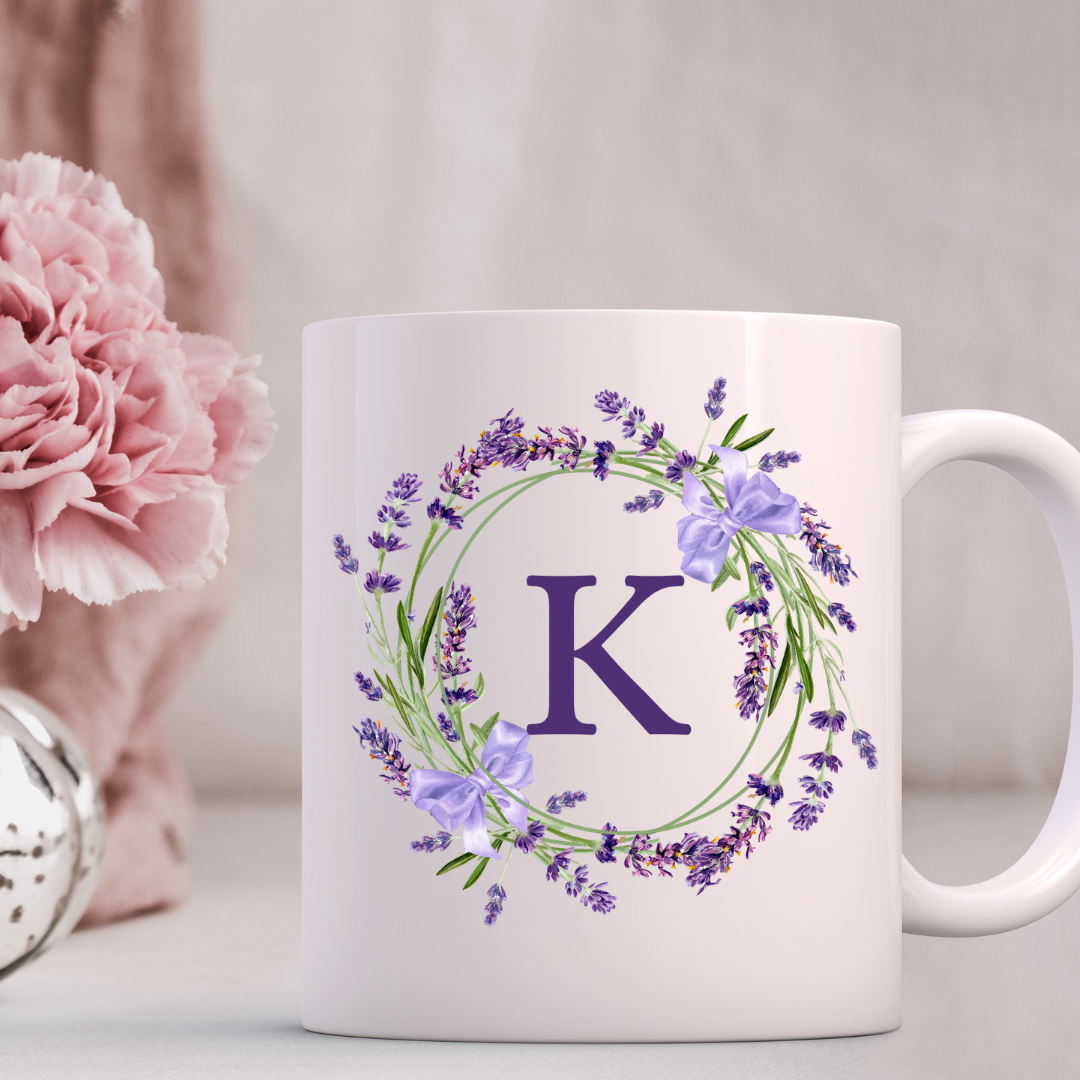 Floral Alphabet Letter A-Z Lavender Wreath Design,Personalized 12oz Ceramic Mug