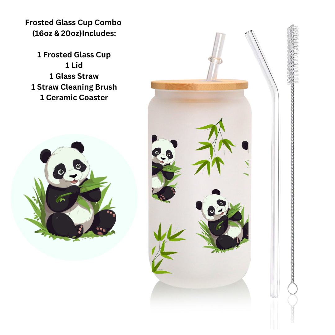 Panda with leaves glass cup, cartoon cup, Iced Coffee Glass cup with lid and Straw Personalized gift for Birthday,for kid 16oz, 20oz