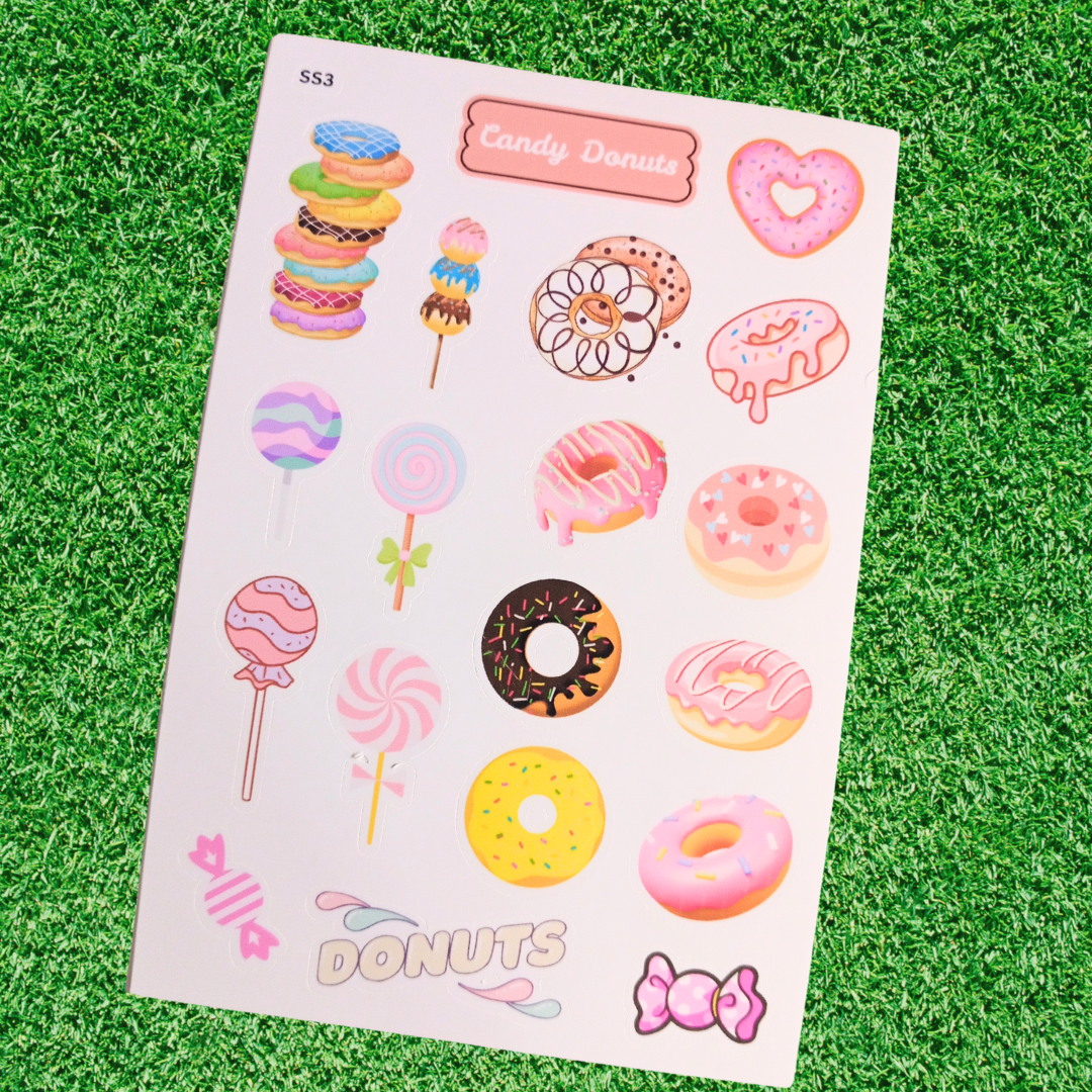 Premium Vinyl Candy Donut Sticker Sheet – Glossy & Matte Options