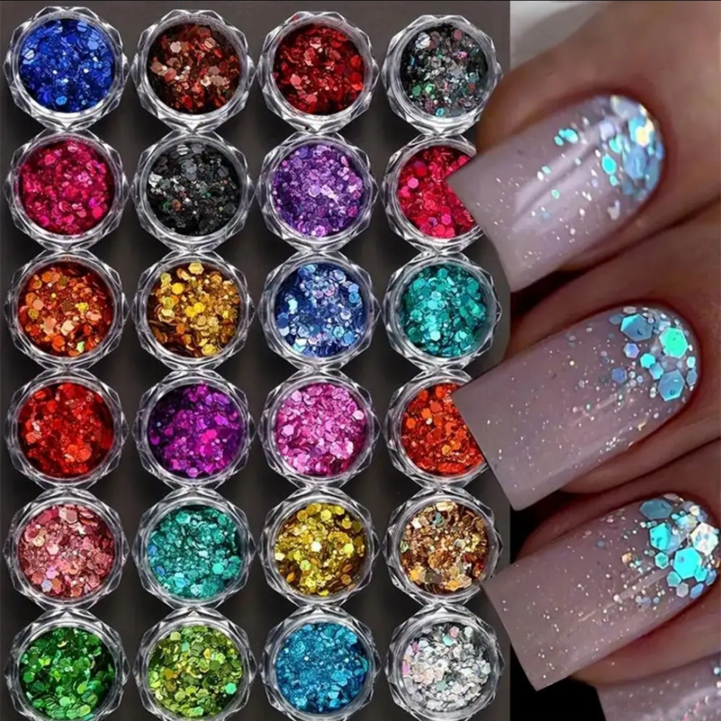 24 Colors Glitter Nail Art Sequins Set – Holographic Chunky Glitter Powder for Nails, Crafts & DIY