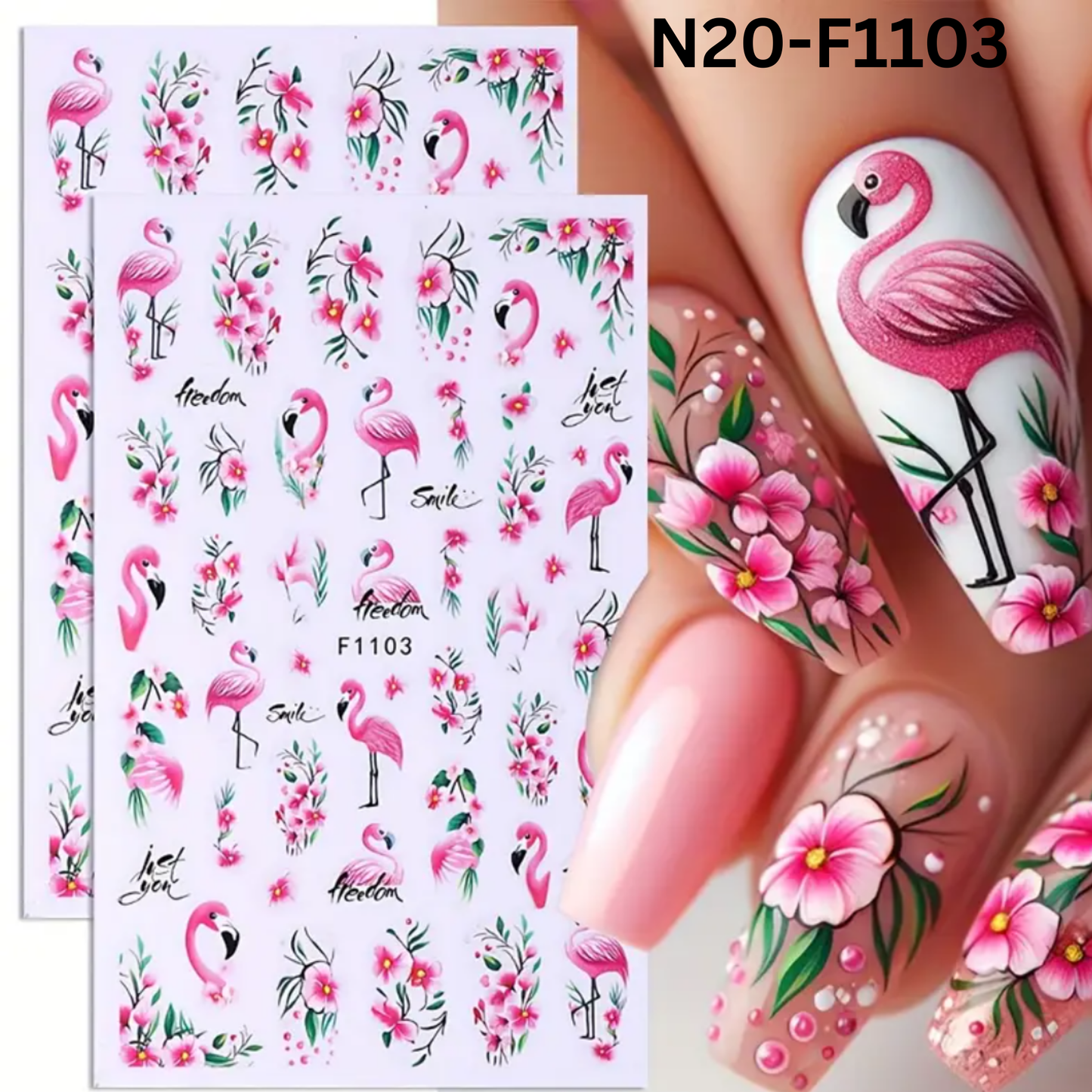 Tropical Flamingo & Floral Nail Art Stickers, 3D Decals with Vibrant Pink Flamingos, Green Foliage & White Flowers for DIY Manicure Decoration