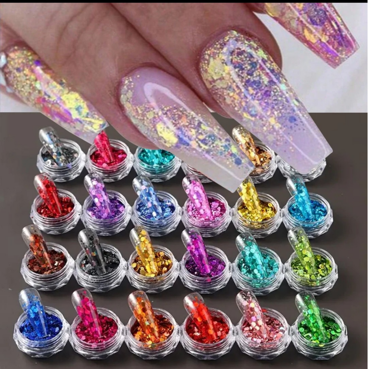 24 Colors Glitter Nail Art Sequins Set – Holographic Chunky Glitter Powder for Nails, Crafts & DIY