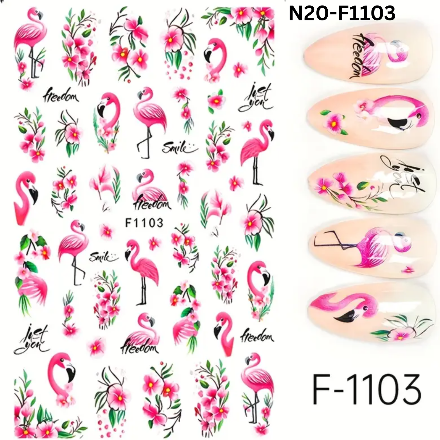 Tropical Flamingo & Floral Nail Art Stickers, 3D Decals with Vibrant Pink Flamingos, Green Foliage & White Flowers for DIY Manicure Decoration