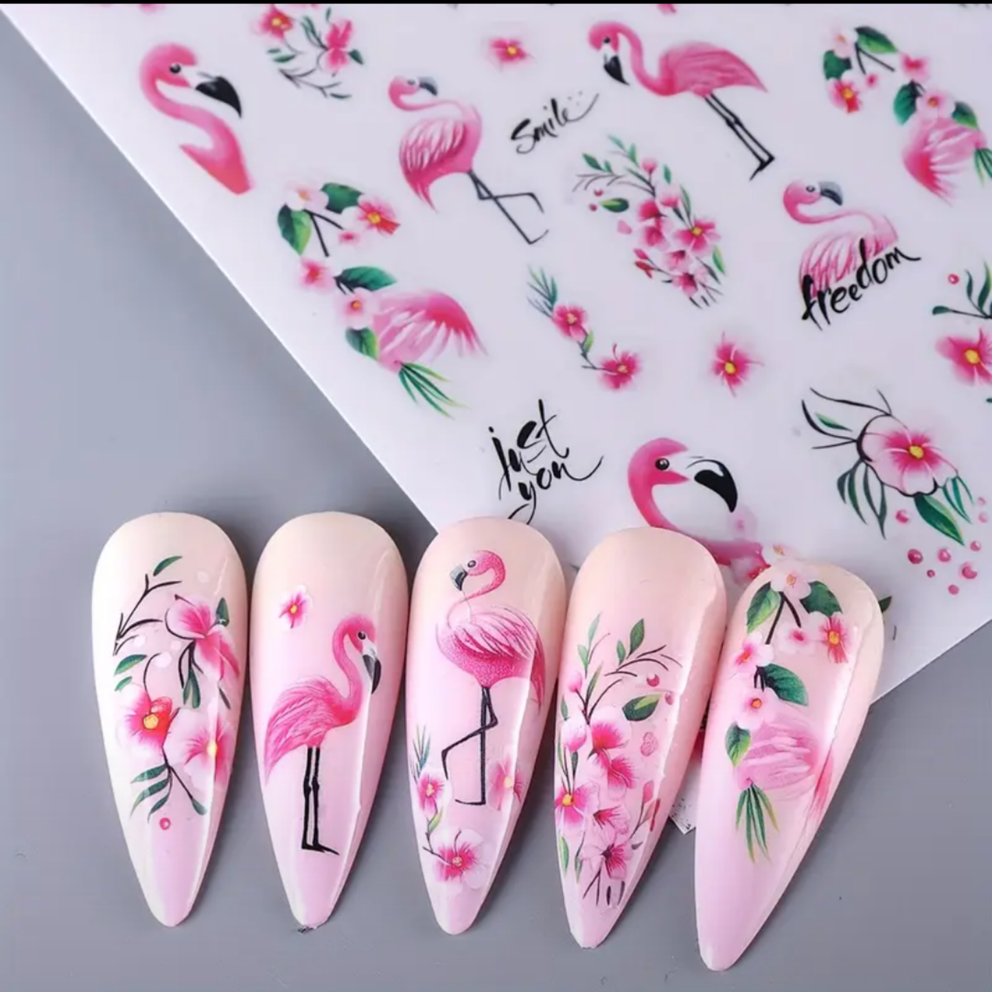Tropical Flamingo & Floral Nail Art Stickers, 3D Decals with Vibrant Pink Flamingos, Green Foliage & White Flowers for DIY Manicure Decoration