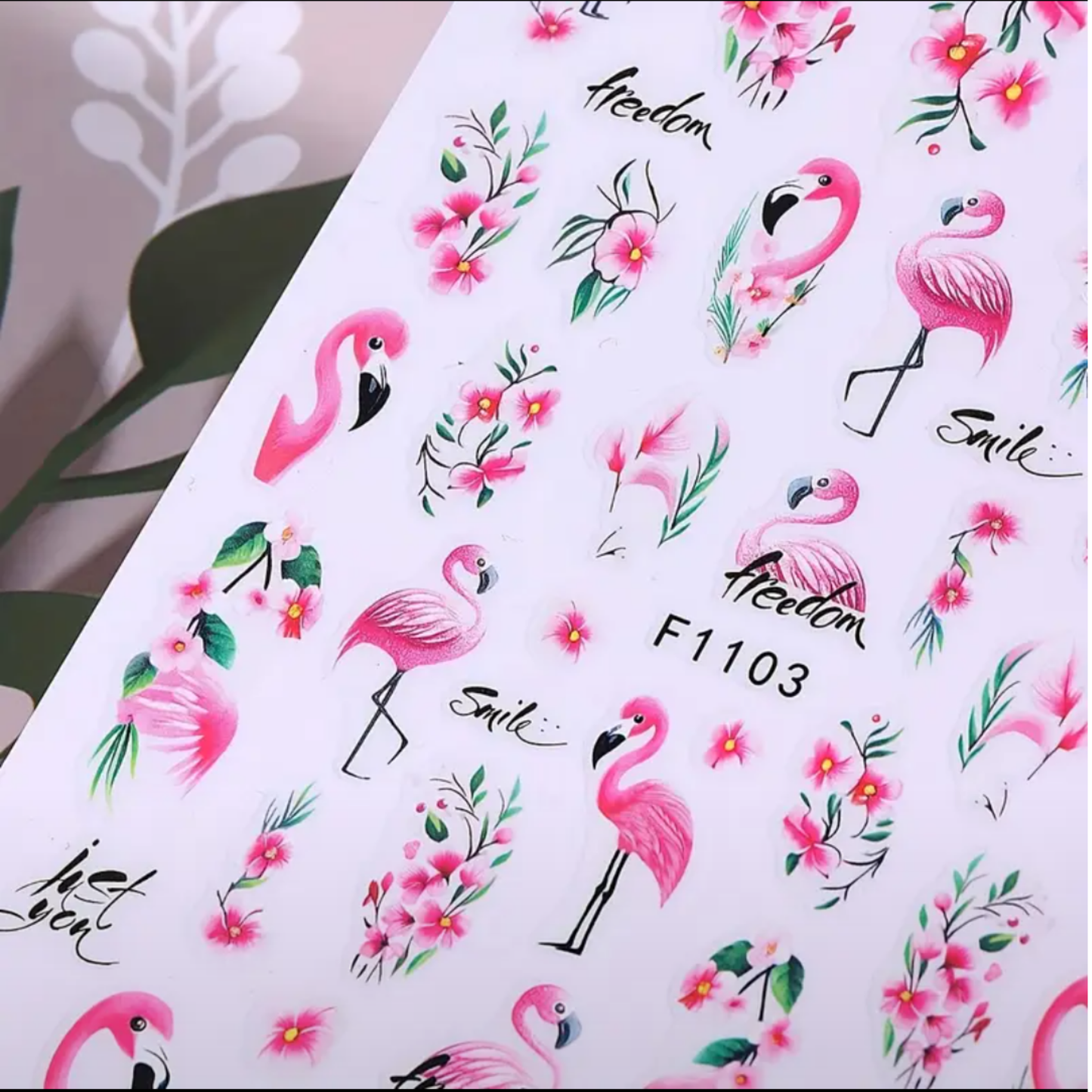 Tropical Flamingo & Floral Nail Art Stickers, 3D Decals with Vibrant Pink Flamingos, Green Foliage & White Flowers for DIY Manicure Decoration