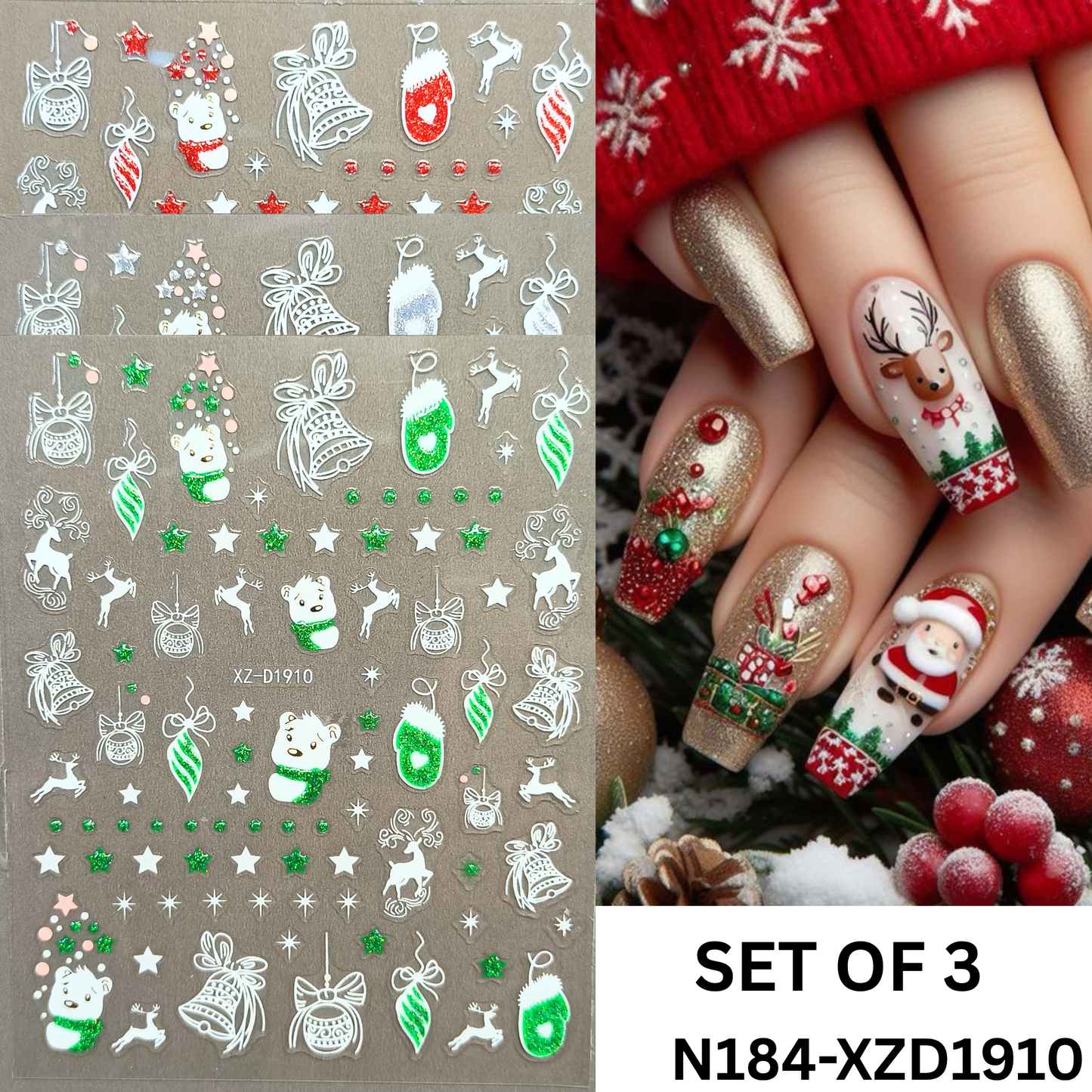 Holiday Nail Stickers – Reindeer & Winter Snowflake Design