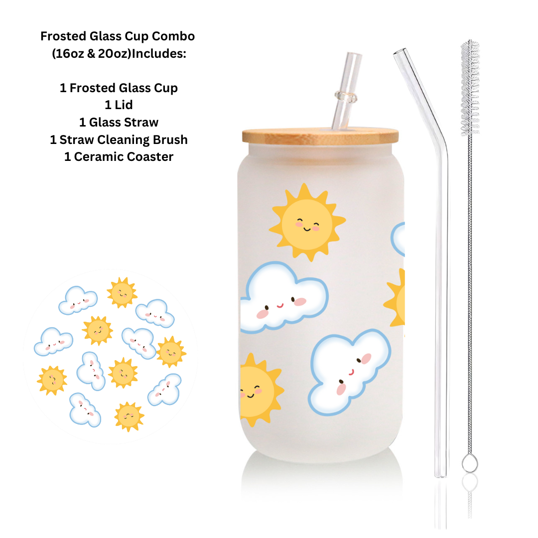 Sun & Cloud Glass Cup with Matching Coaster Cute Aesthetic Can Glass Set Frosted or Clear Cup with Bamboo Lid and Straw