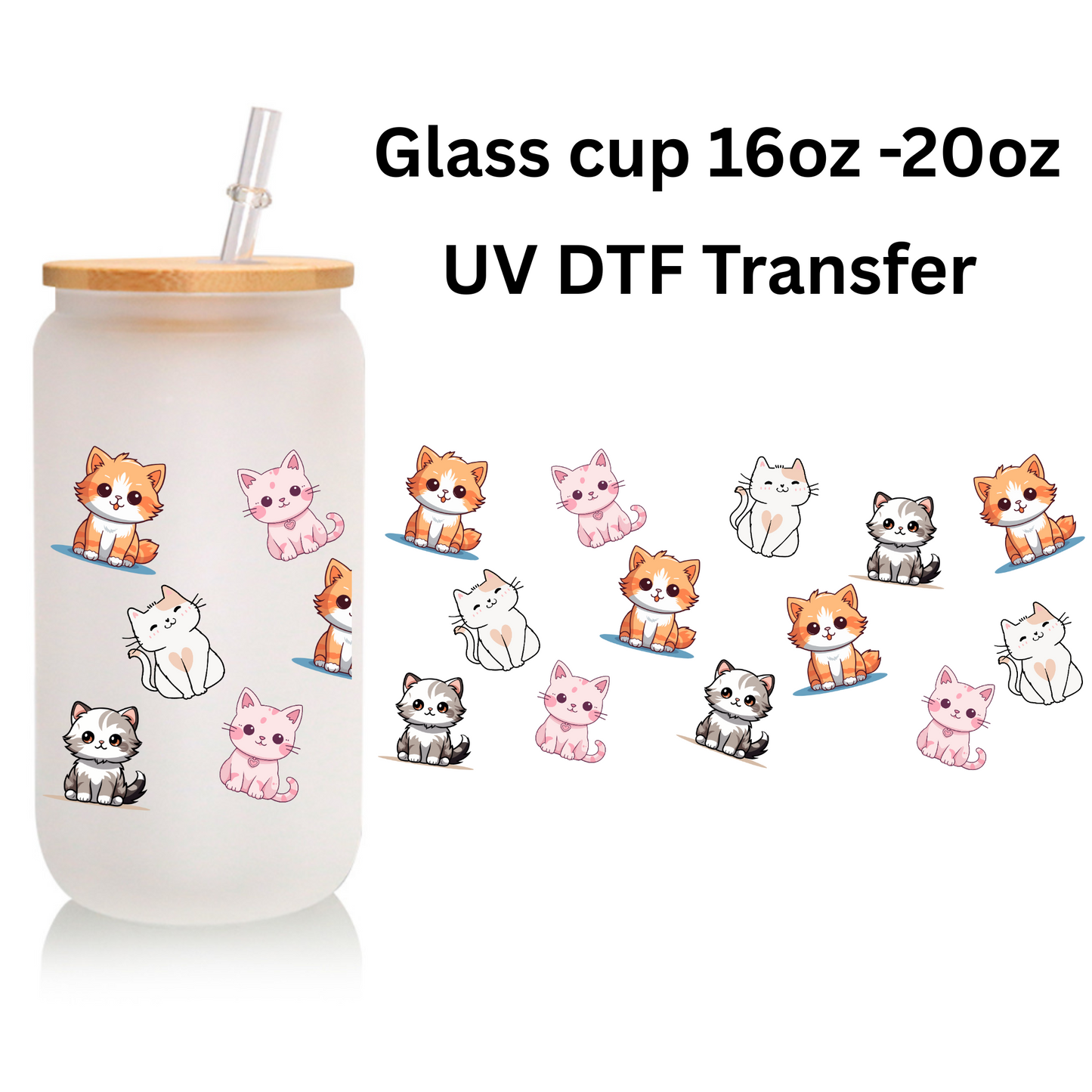 Cute Cats Frosted Glass Cup β 16oz / 20oz Animal Glass Tumbler for Coffee, Tea, Smoothie β Personalized Gift for Office, Party, or Birthday