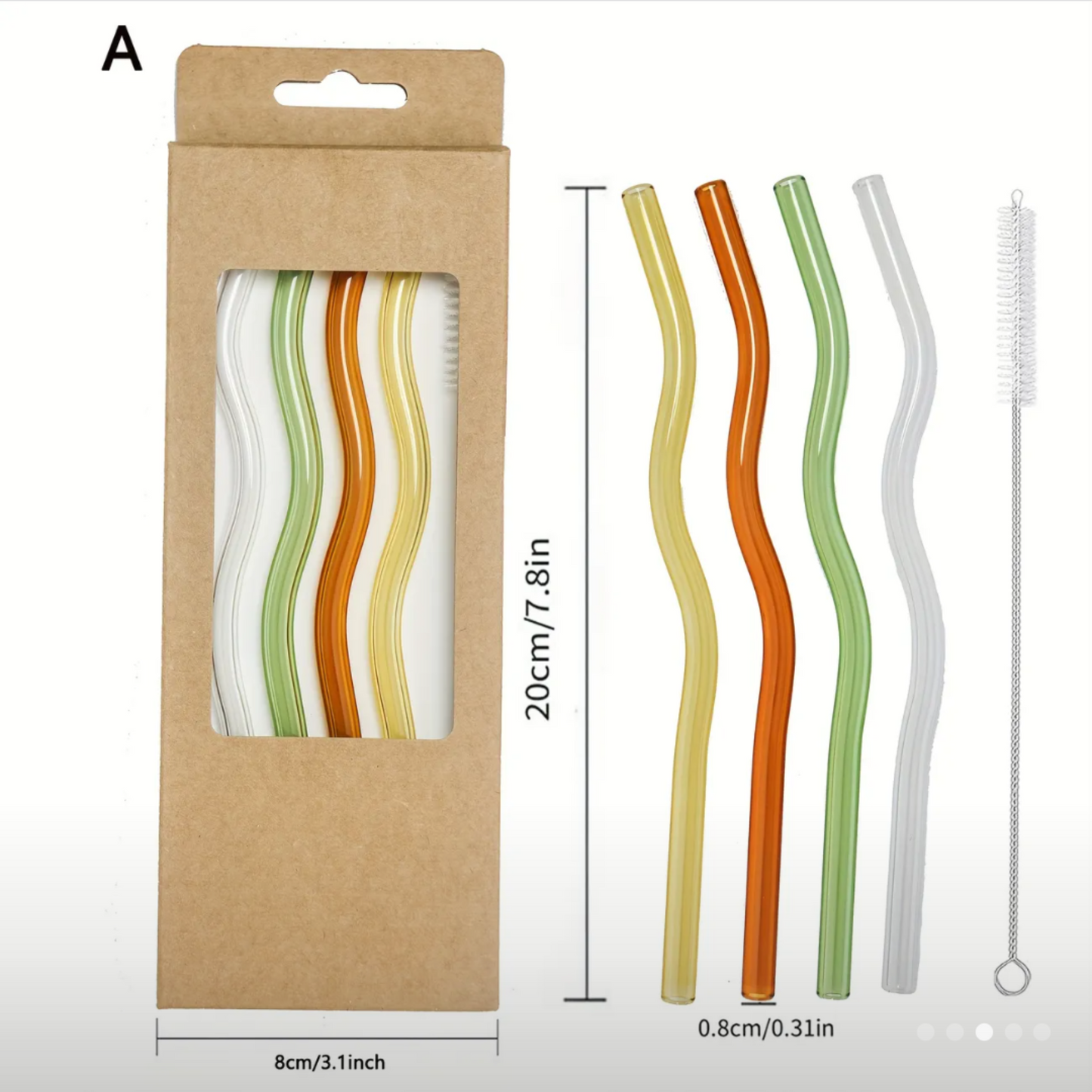 4pcs Wavy Glass Straws, Reusable Colorful Glass Straws, with 1 Cleaning Brush