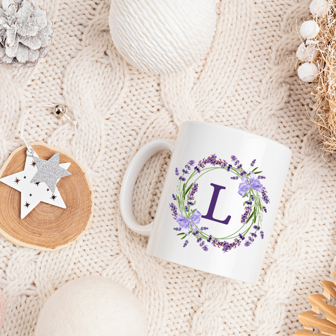 Floral Alphabet Letter A-Z Lavender Wreath Design,Personalized 12oz Ceramic Mug