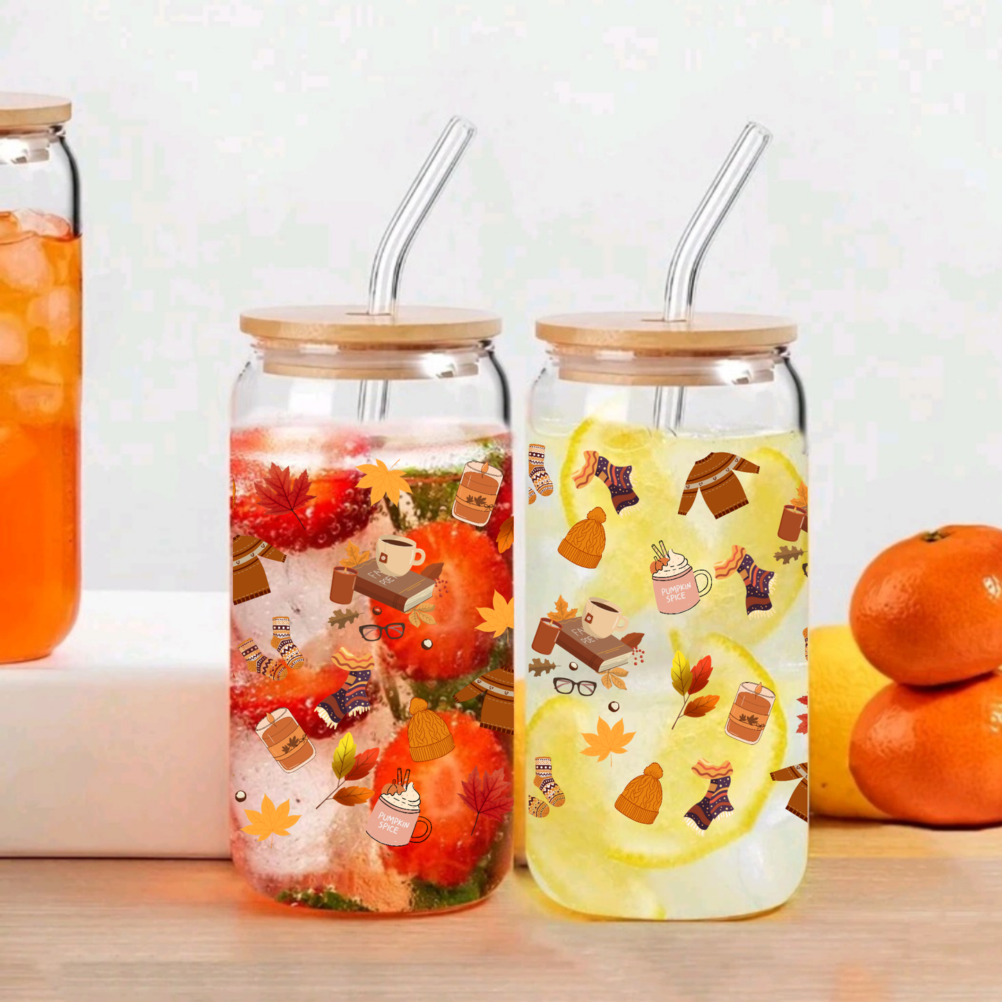 Fall Leaves Glass Cup 16oz/20oz – Clear Can Tumbler with Bamboo Lid, Straw & Brush