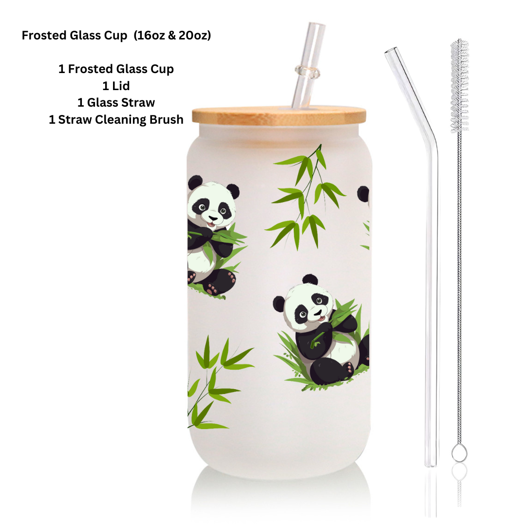 Panda with leaves glass cup, cartoon cup, Iced Coffee Glass cup with lid and Straw Personalized gift for Birthday,for kid 16oz, 20oz