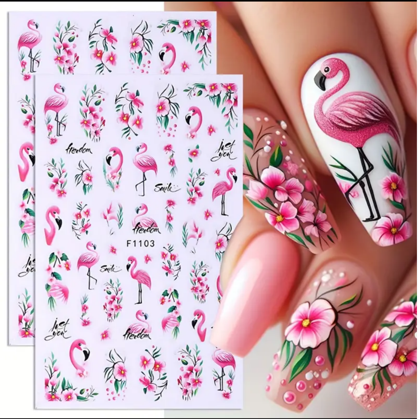 Tropical Flamingo & Floral Nail Art Stickers, 3D Decals with Vibrant Pink Flamingos, Green Foliage & White Flowers for DIY Manicure Decoration