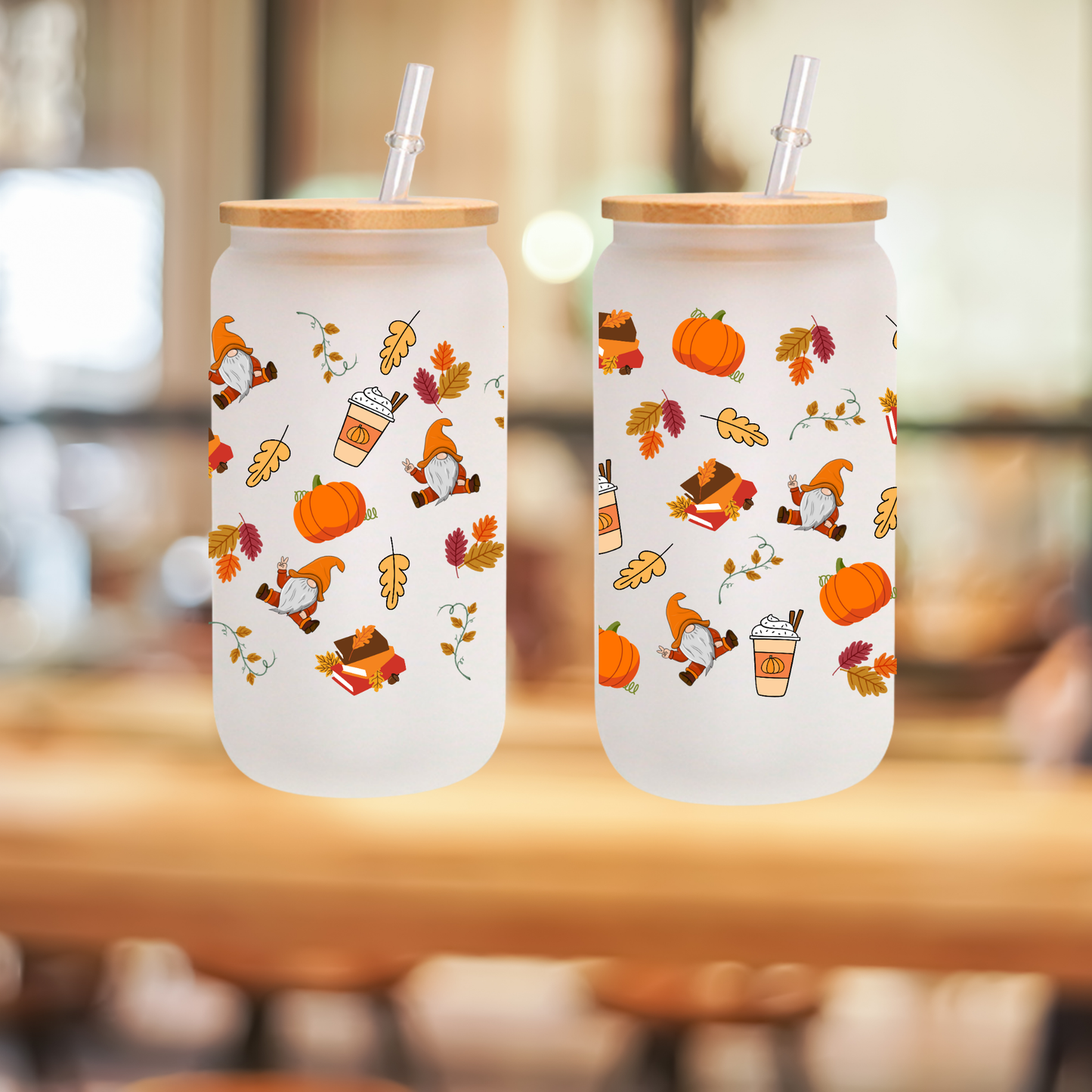 Autumn Vibes Frosted Glass Cup โ 16oz / 20oz โ With Bamboo Lid & Glass Straw