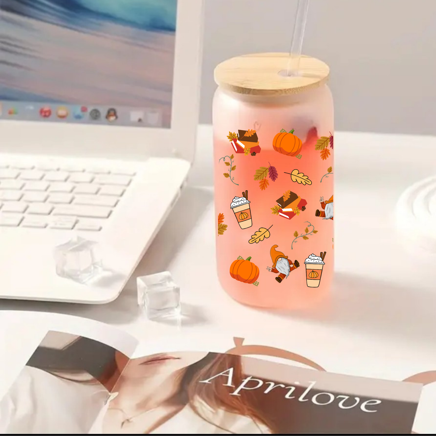 Autumn Vibes Frosted Glass Cup โ 16oz / 20oz โ With Bamboo Lid & Glass Straw