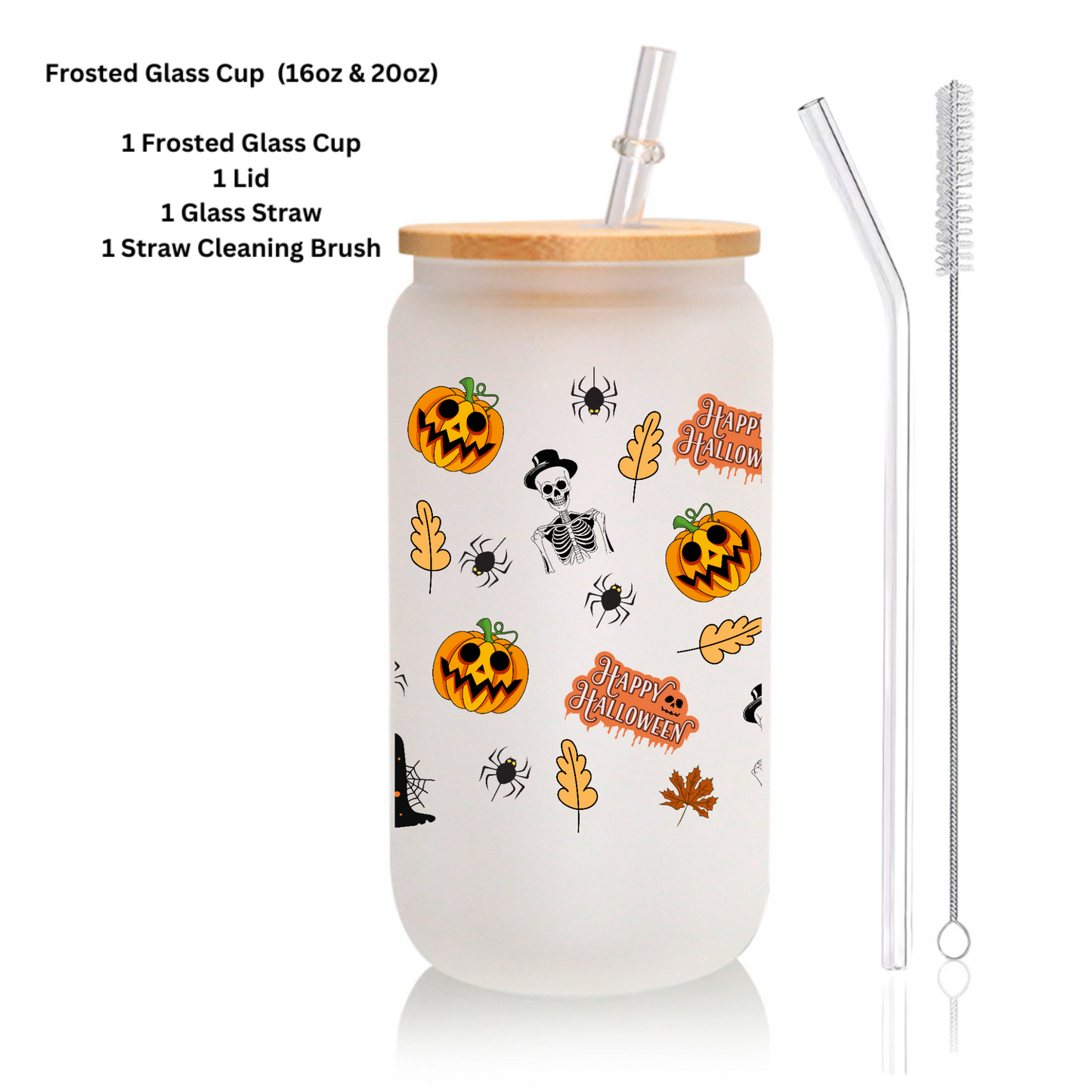 Halloween Frosted Glass Tumbler Set 16oz/20oz – Bamboo Lid, Glass Straw & Brush