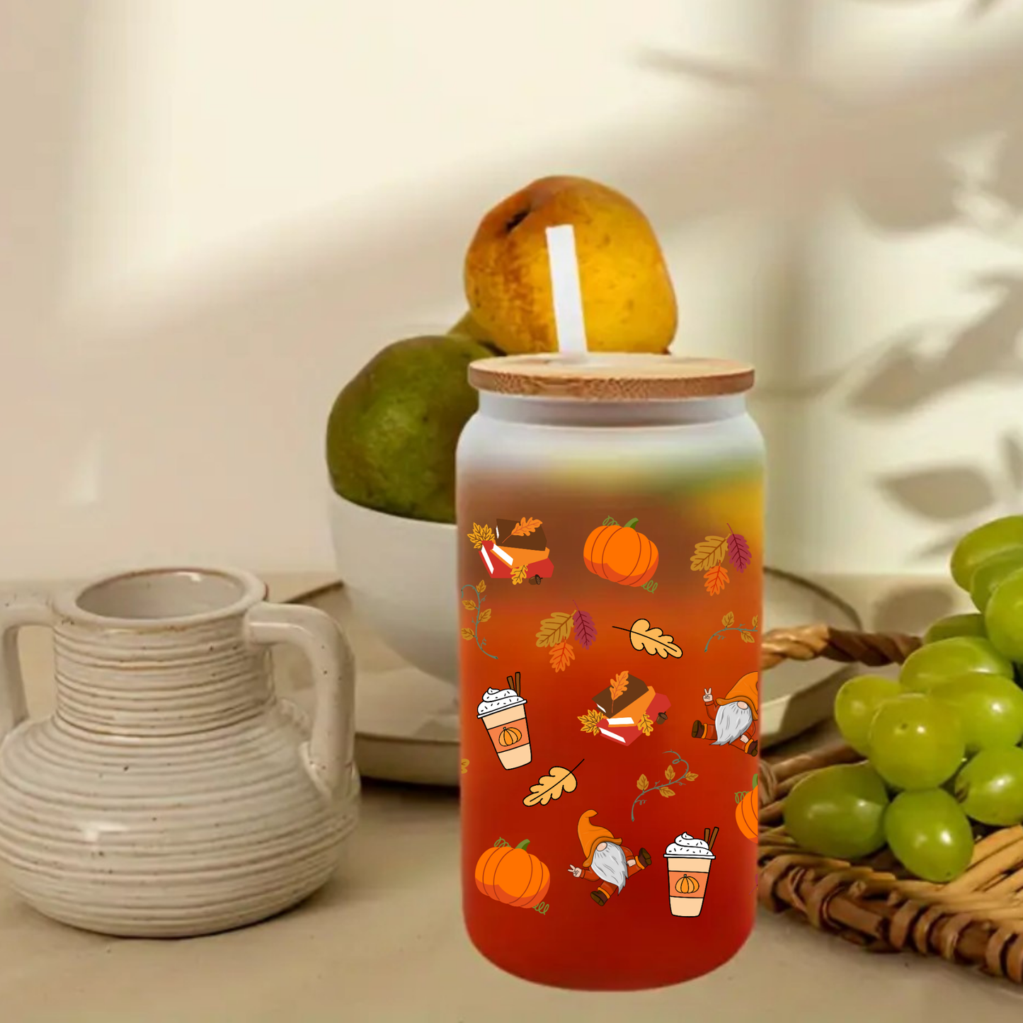 Autumn Vibes Frosted Glass Cup โ 16oz / 20oz โ With Bamboo Lid & Glass Straw