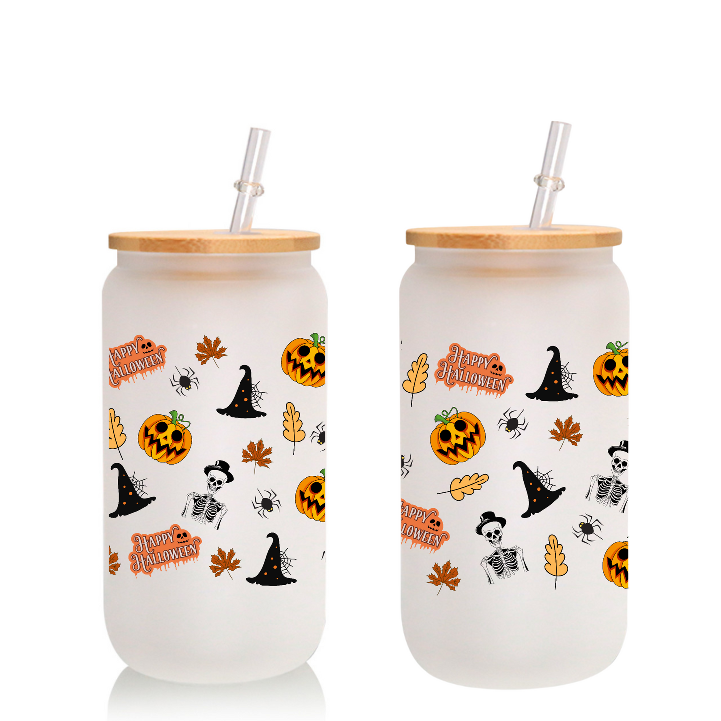 Halloween Frosted Glass Tumbler Set 16oz/20oz – Bamboo Lid, Glass Straw & Brush