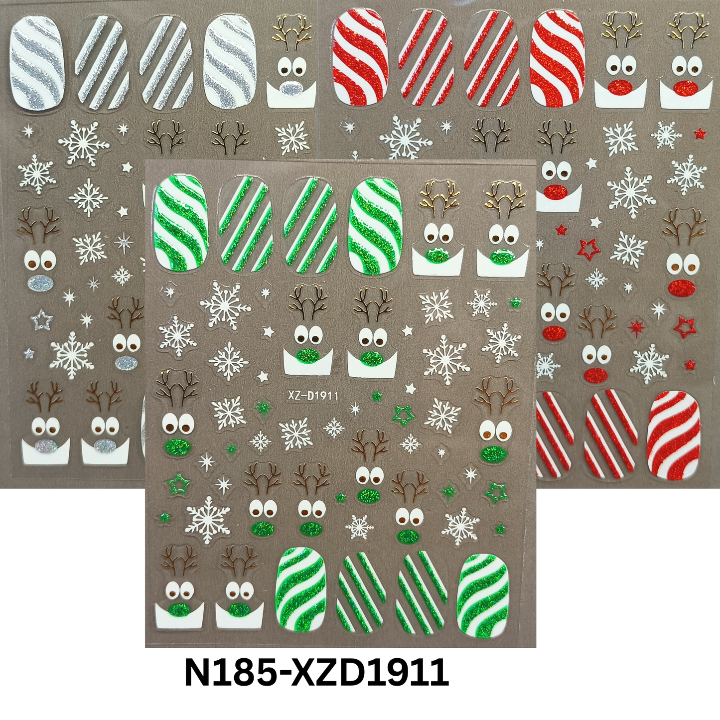 Merry Christmas Nail Stickers – Candy Stripe & Reindeer Design