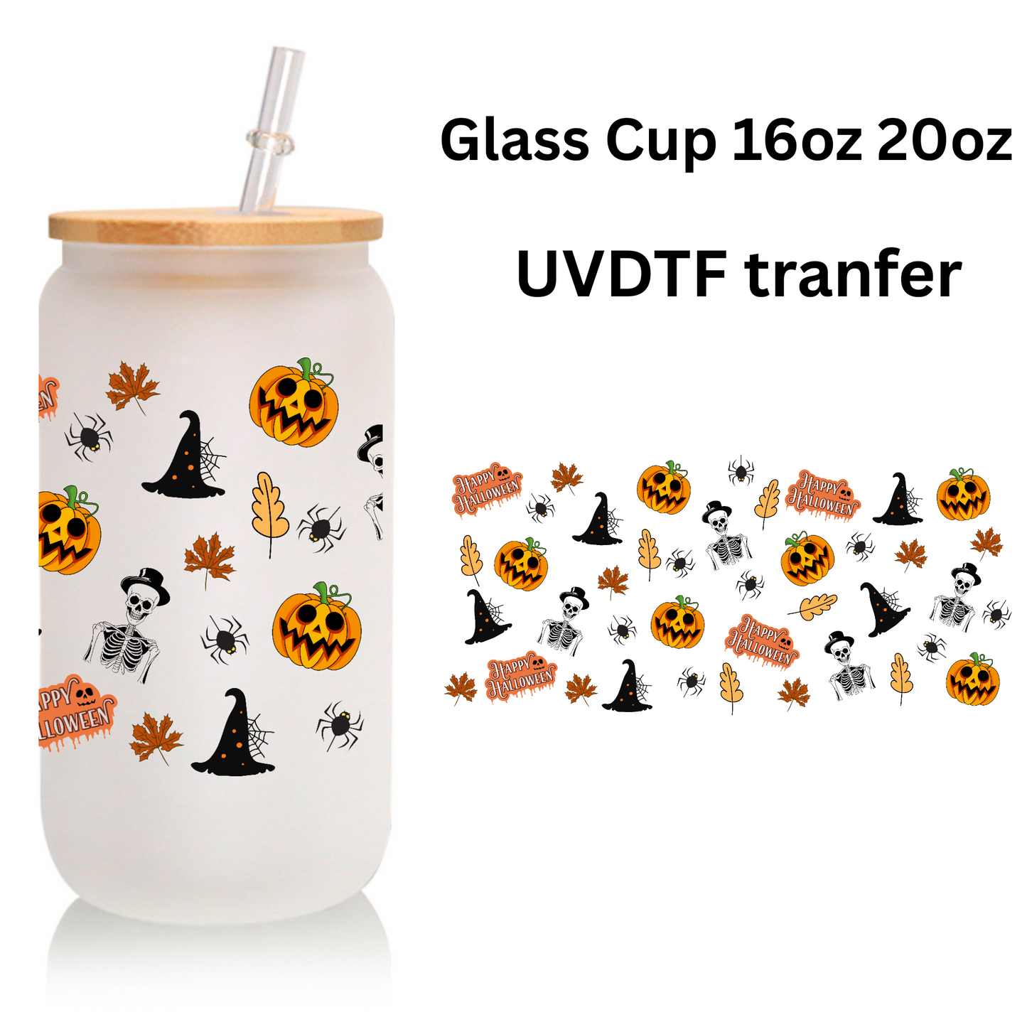 Halloween Frosted Glass Tumbler Set 16oz/20oz – Bamboo Lid, Glass Straw & Brush
