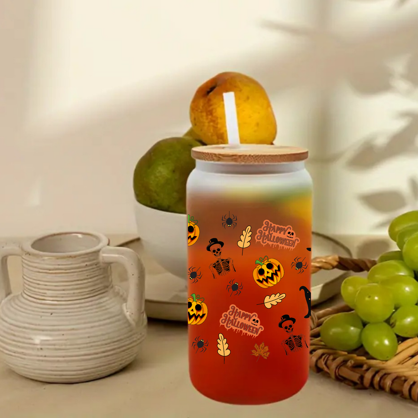 Halloween Frosted Glass Tumbler Set 16oz/20oz – Bamboo Lid, Glass Straw & Brush